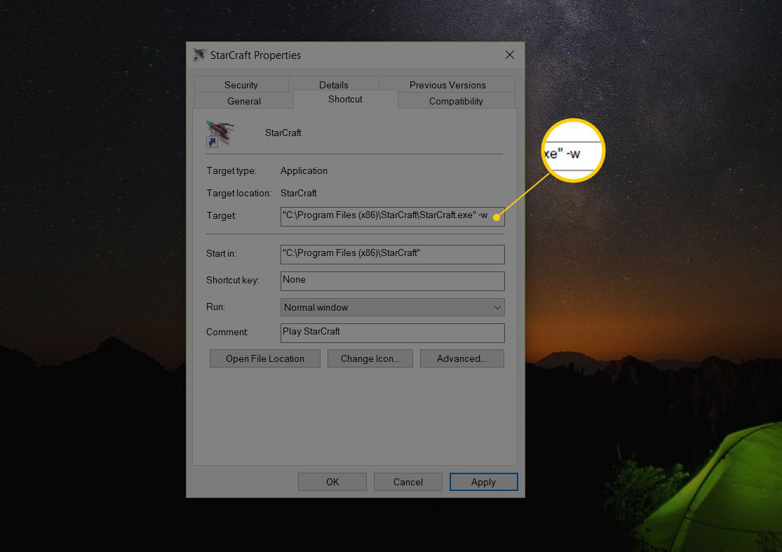 -w прапор додано до поля Target на екрані властивостей псевдоніма Starcraft