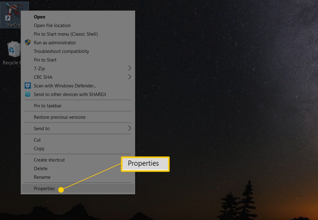Підменю Властивості для Starcraft у Windows 10