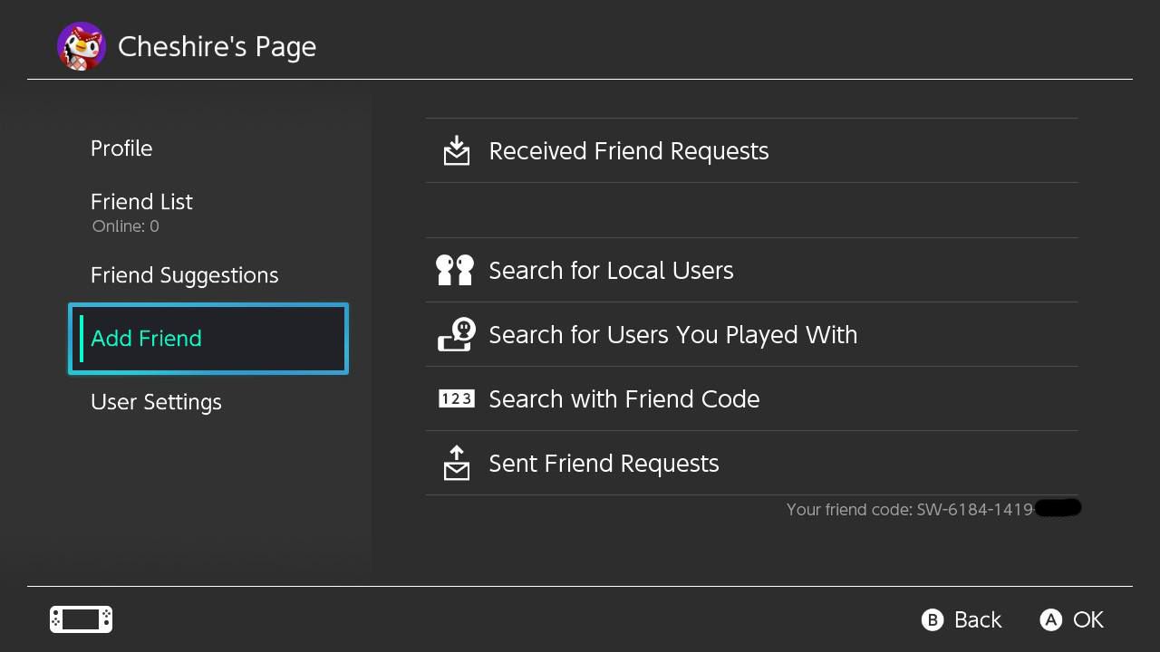 Знімок екрана налаштувань друзів Nintendo Switch