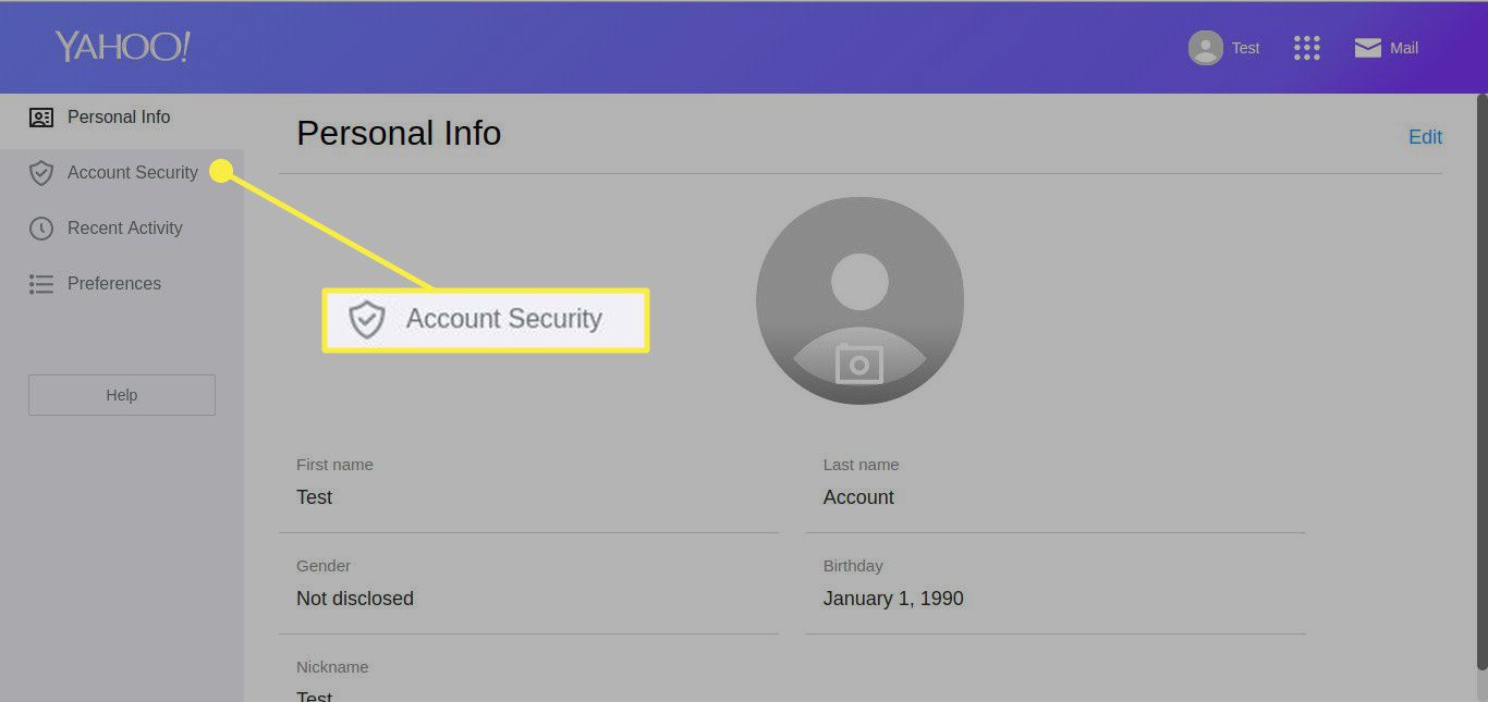 Знімок екрана налаштувань Yahoo Mail із виділеним розділом Захист облікового запису