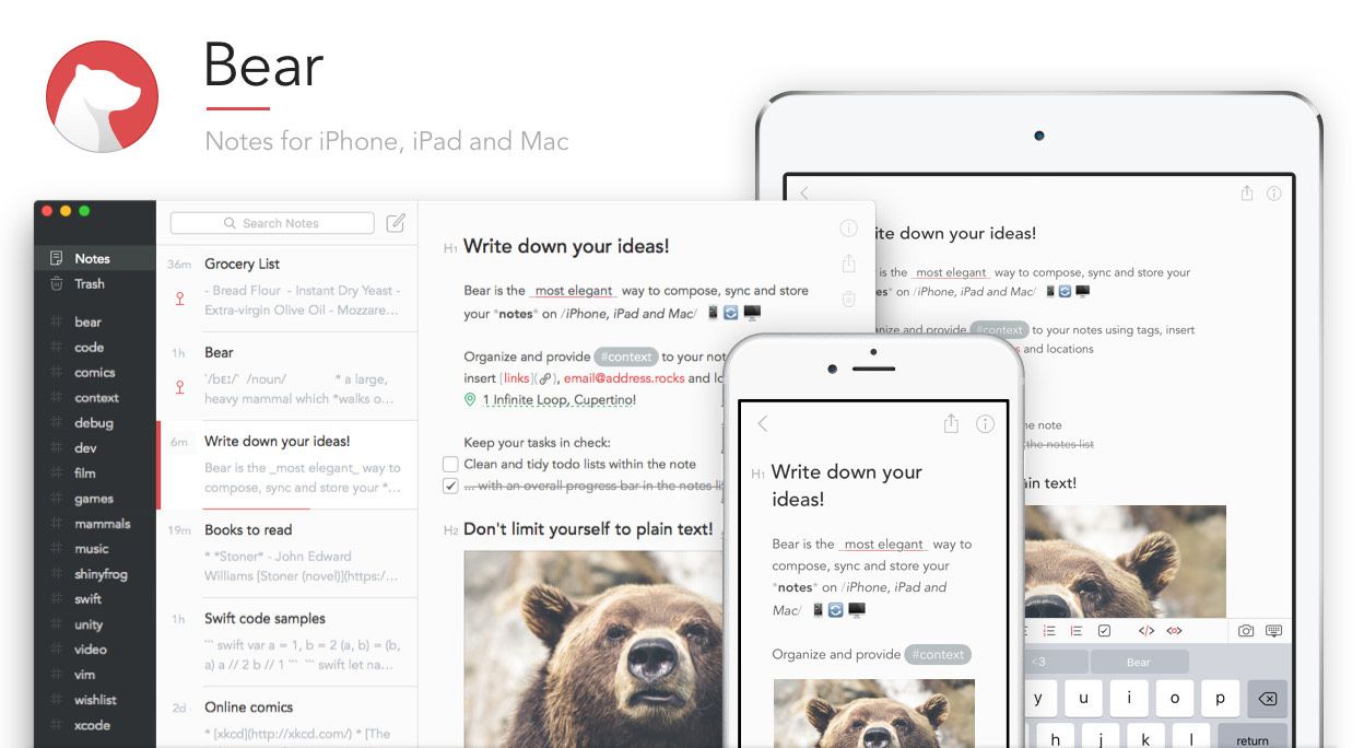 İPad, iPhone ve bilgisayar ekranında Bear Notes uygulaması