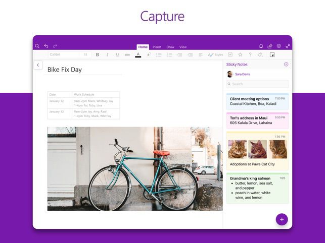 Bisiklet ve diğer notların bulunduğu bir iPad üzerinde Microsoft OneNote