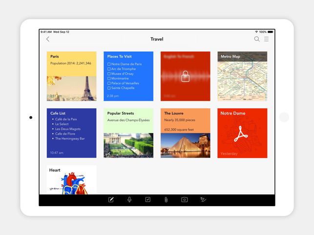 İPad'de çeşitli seyahat notları içeren Zoho Notebook uygulaması
