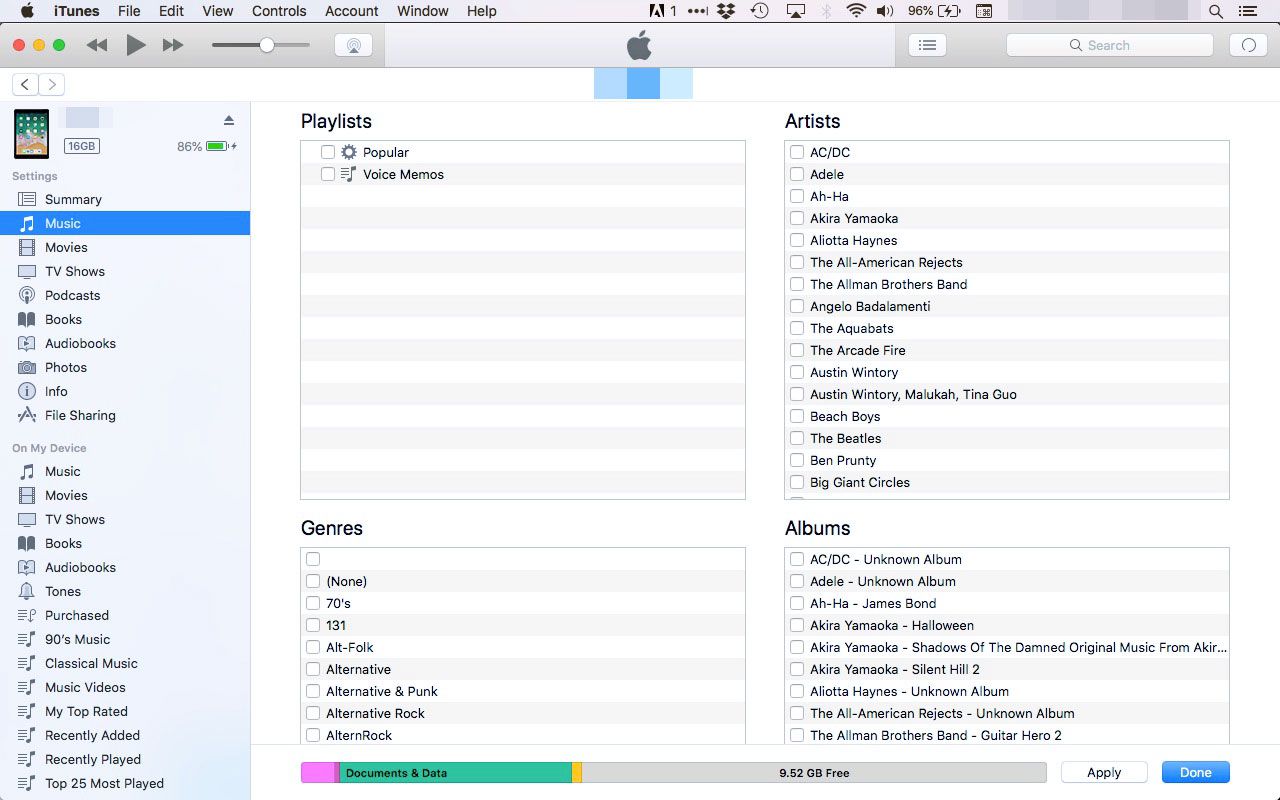 Елементи для синхронізації з iPad у iTunes