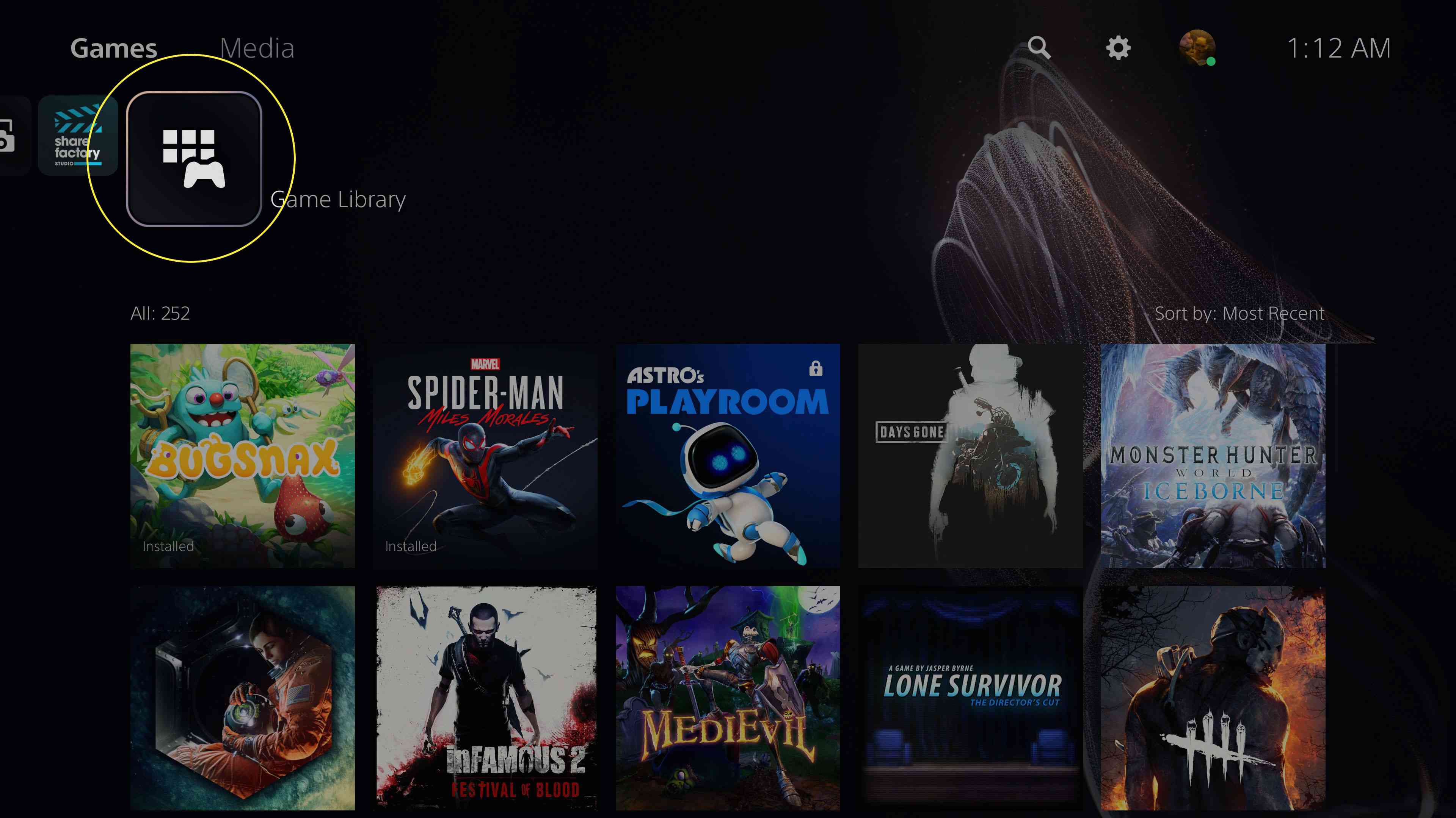 Бібліотека ігор на головному екрані PS5