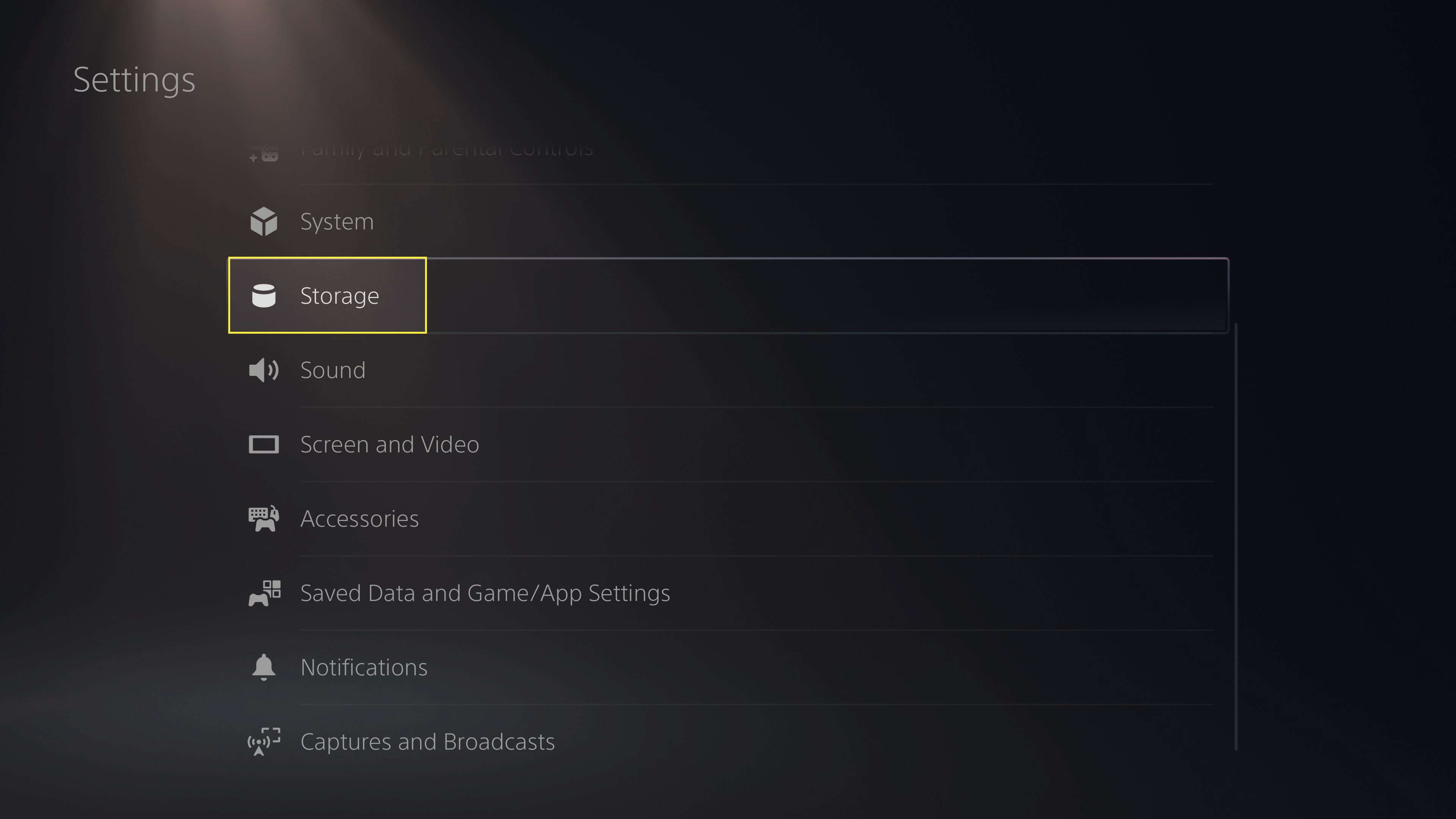 Заголовок сховища в налаштуваннях PS5