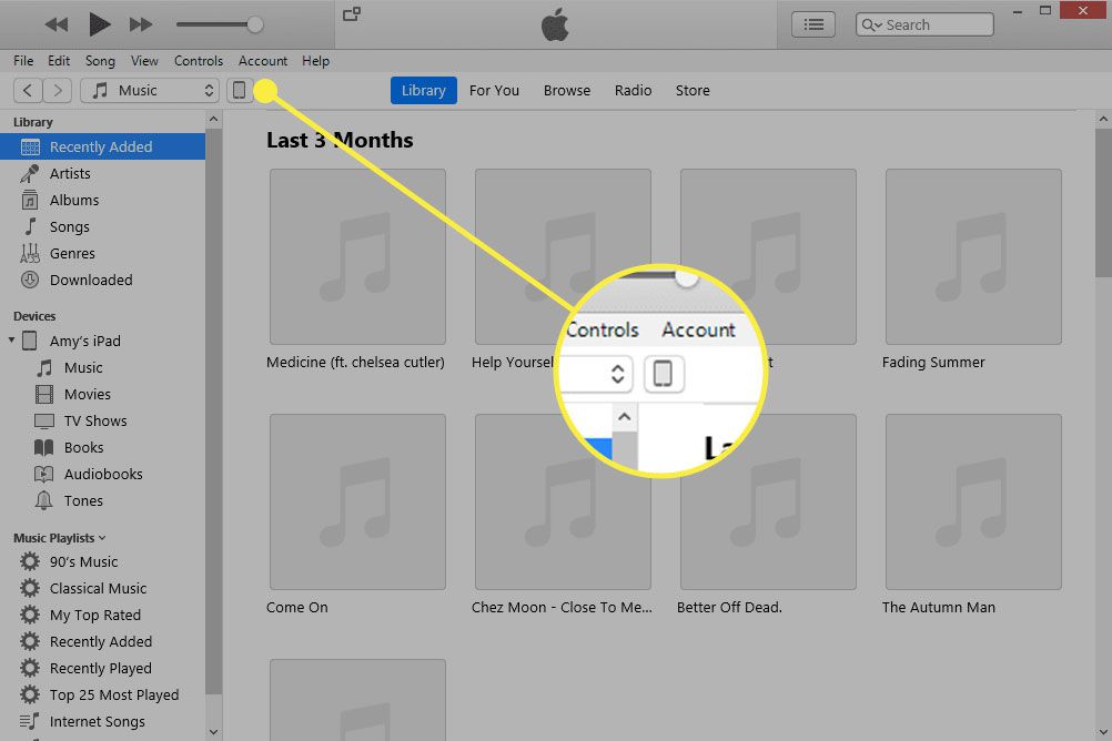iTunes із виділеною піктограмою пристрою