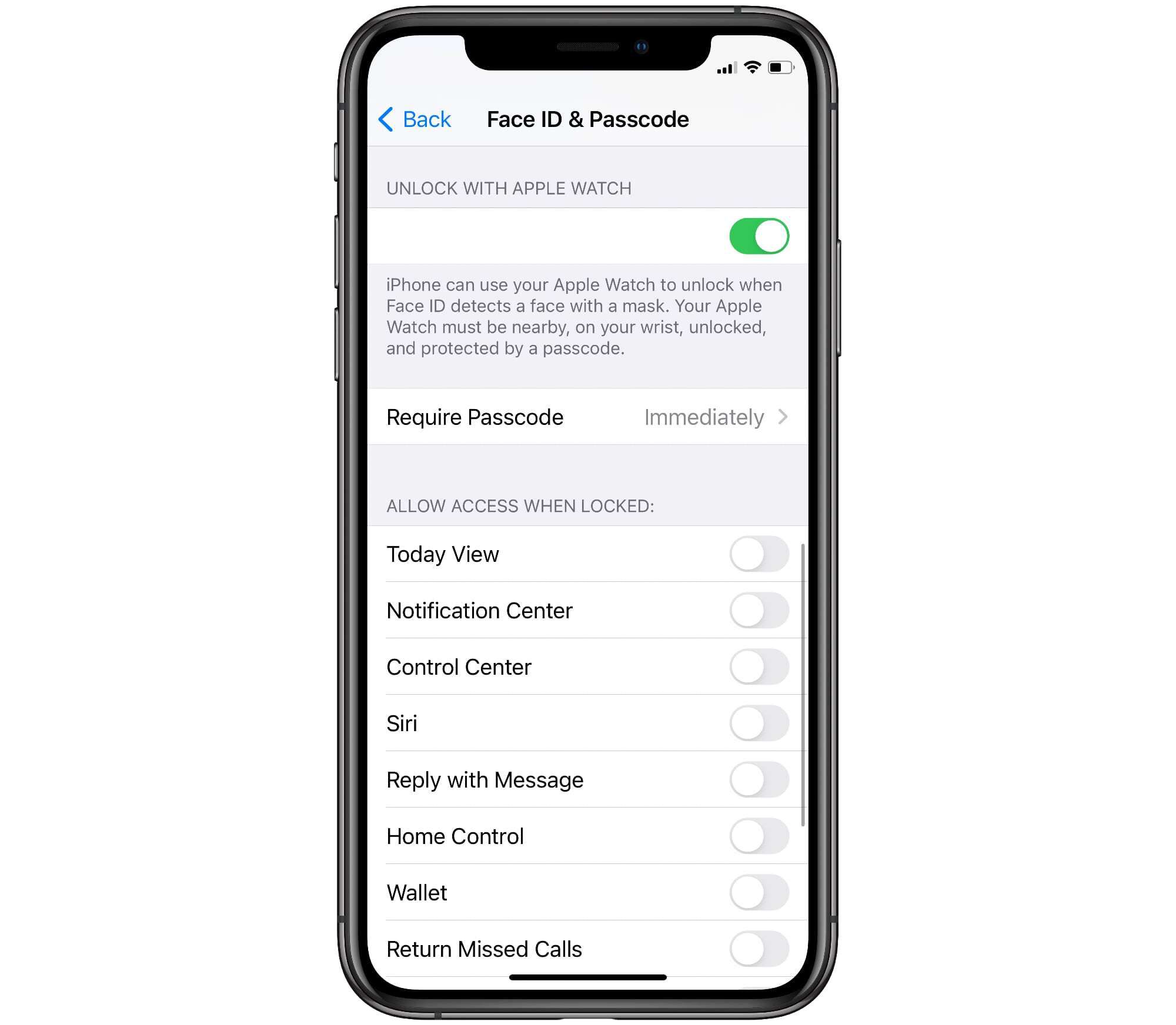 "Apple Watch ile Kilidi Aç" özelliğini ve diğer ayarları gösteren iPhone