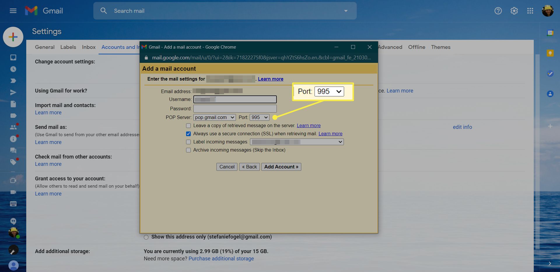 Gmail Додайте налаштування облікового запису електронної пошти з виділеним параметром Порт