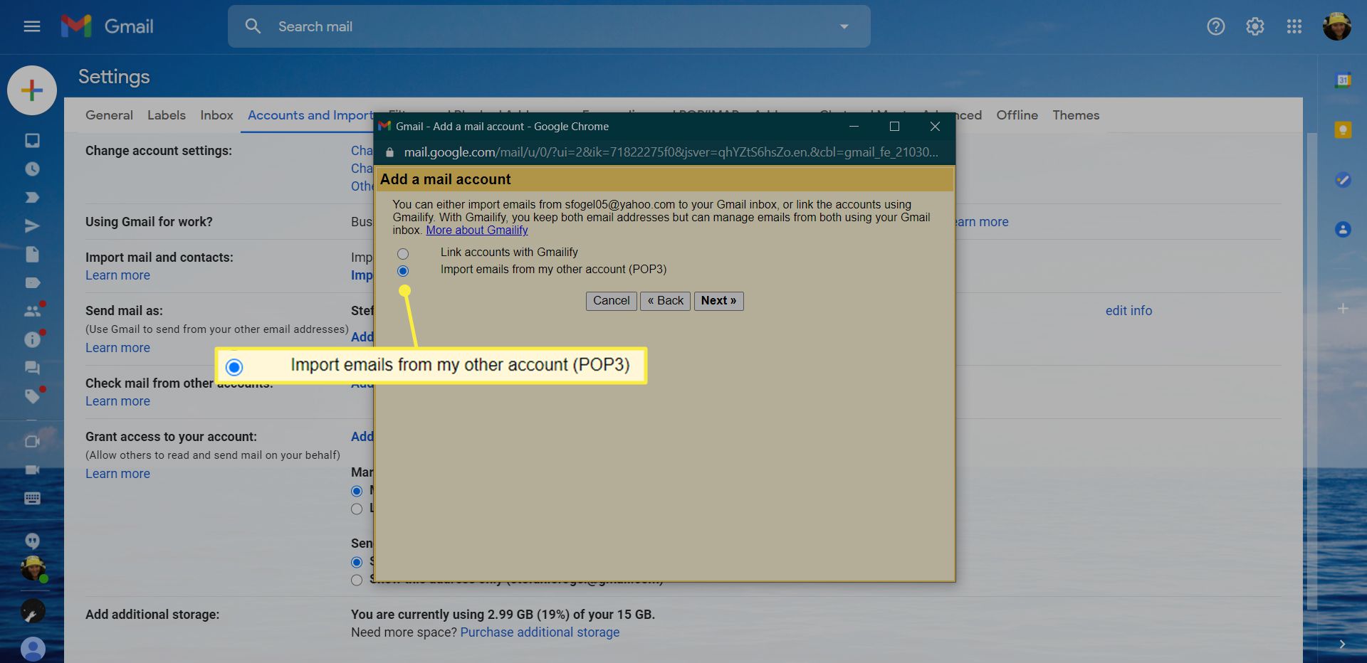 На екрані Додавання облікового запису пошти в Gmail виділено пункт «Імпортувати електронні листи з мого іншого облікового запису (POP3)»