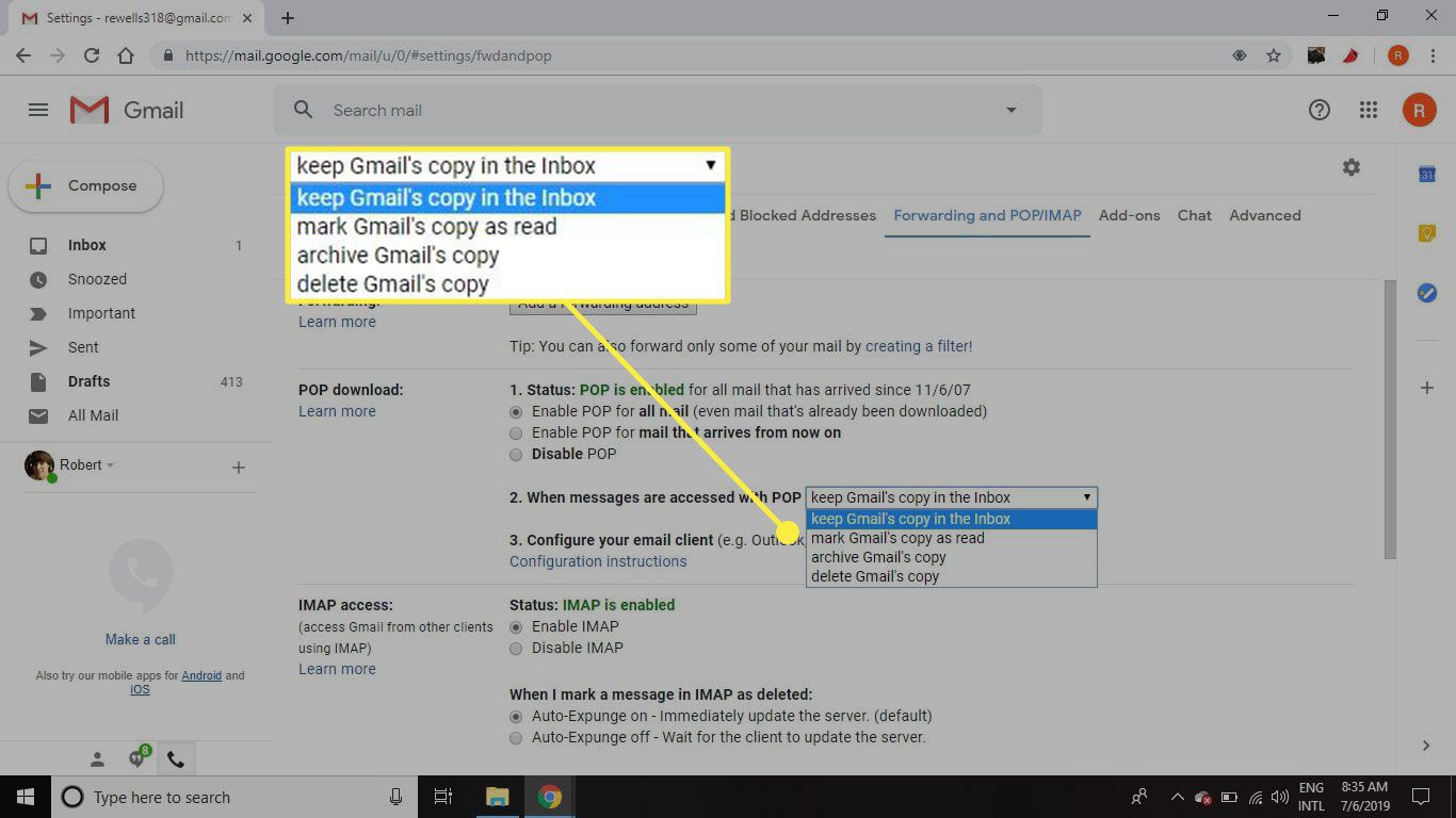 Знімок екрана налаштувань POP Gmail із виділеними опціями завантаження