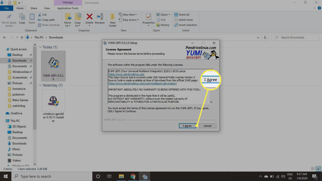 Виберіть Я погоджуюсь, щоб прийняти ліцензійну угоду YUMI.