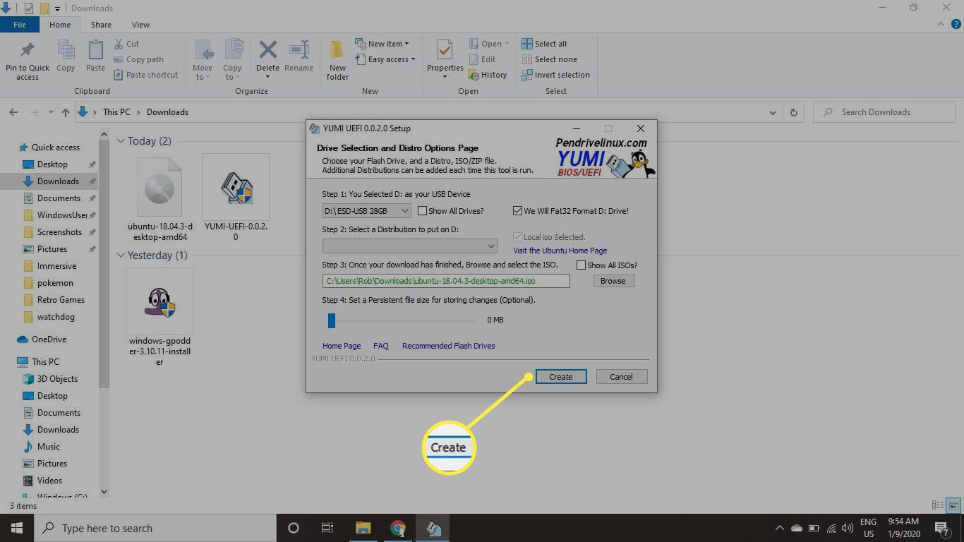 Виберіть Створити, щоб відформатувати накопичувач та додати розподіл.