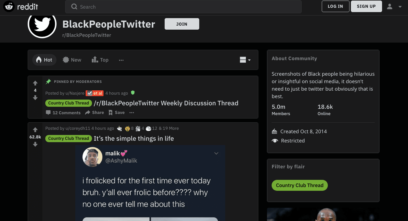 Перша сторінка r / BlackPeopleTwitter на Reddit
