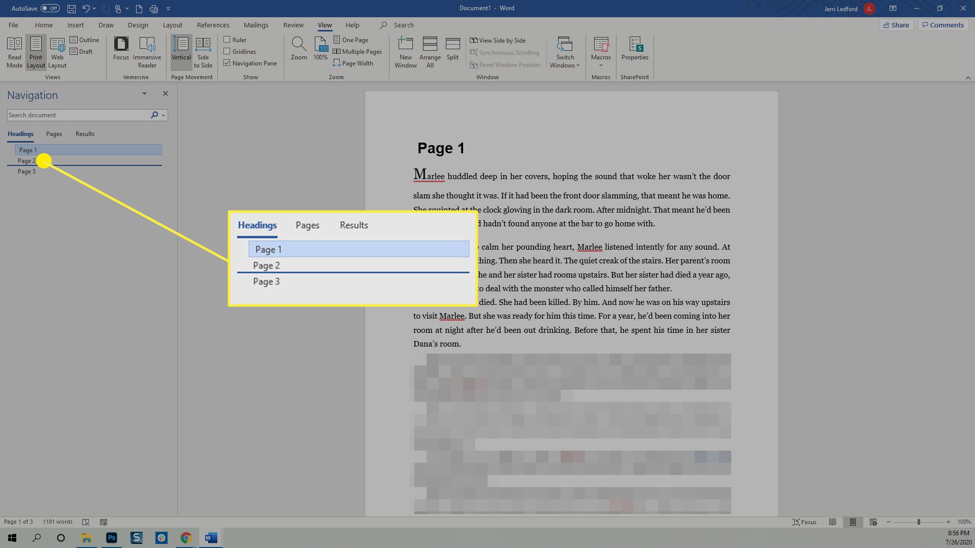Переміщення заголовків в області переходів у Microsoft Word.