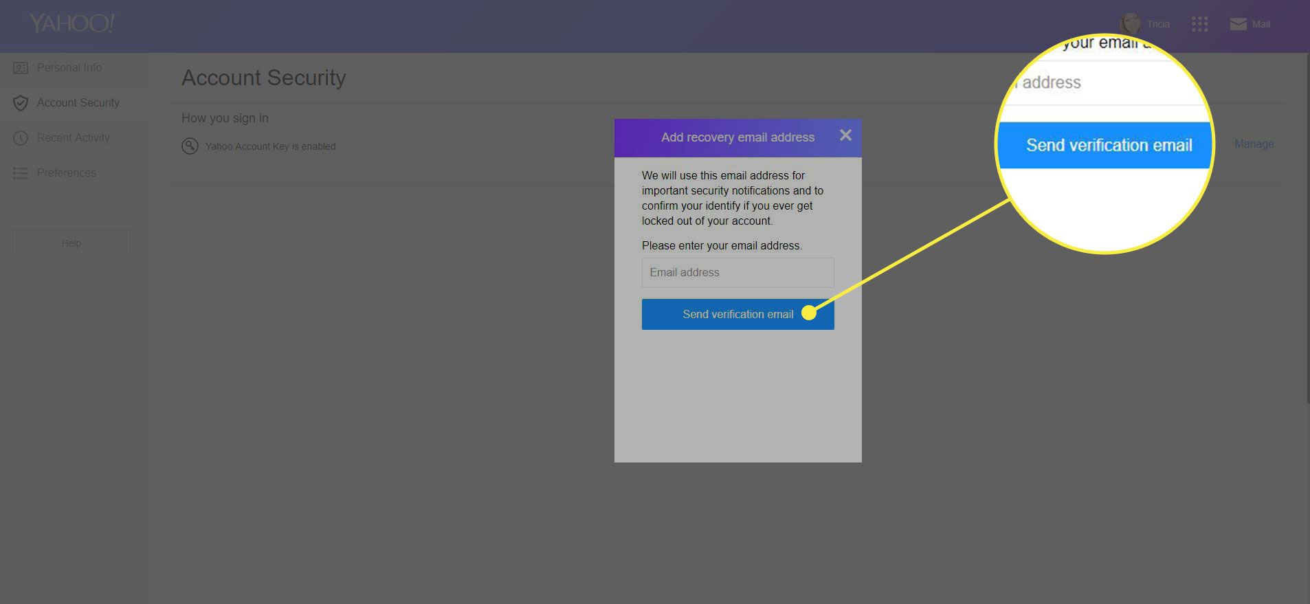 Знімок екрана екрана безпеки облікового запису Yahoo з "Надіслати електронний лист із підтвердженням" кнопка виділена