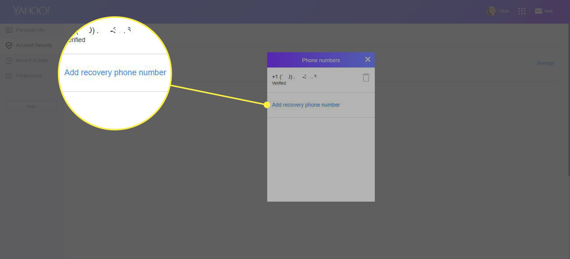 Знімок екрана екрану безпеки облікового запису Yahoo Mail з підсвіченою кнопкою Додати номер відновлення номера телефону