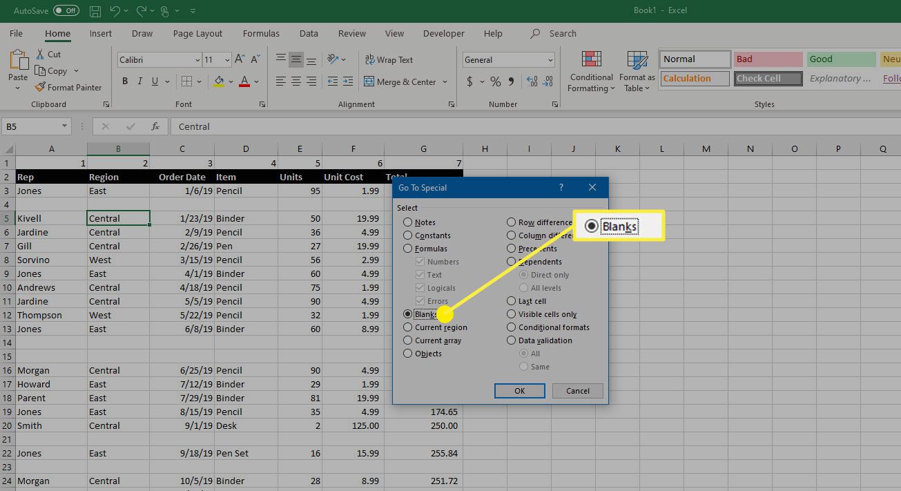 Microsoft Excel'deki Özelliğe Git iletişim kutusundaki Boşluklar seçeneği.