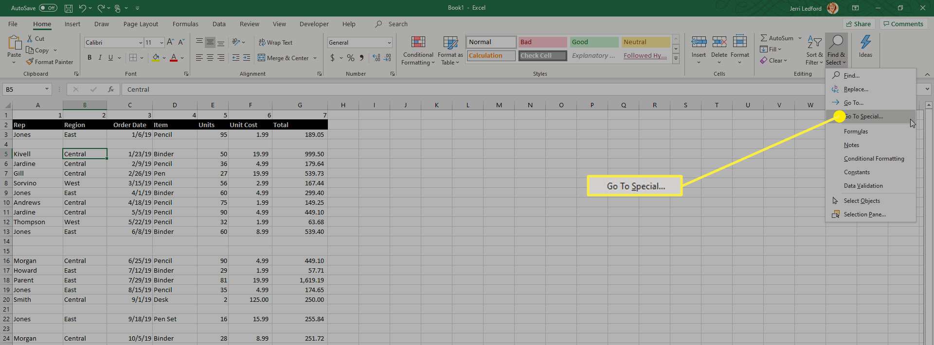 Microsoft Excel'deki Özelliğe Git seçeneği.