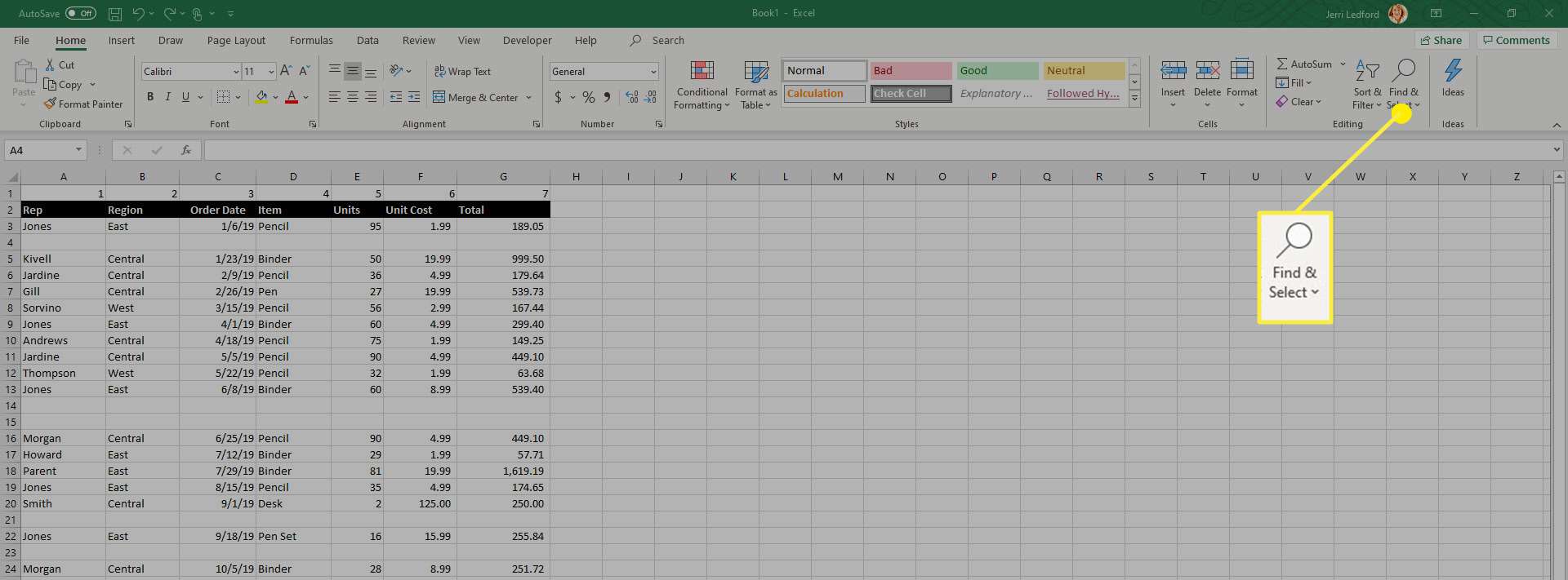 Microsoft Excel'deki Bul ve Seç seçeneği.