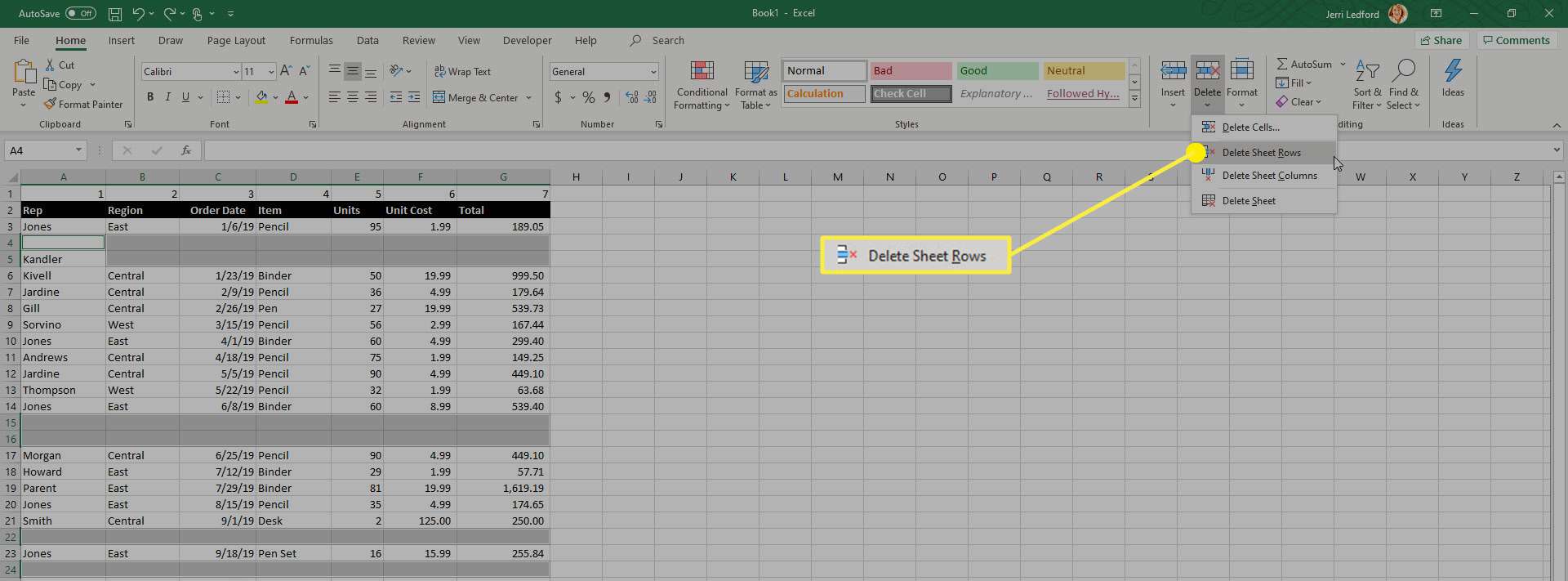Microsoft Excel'de Sayfa Satırlarını Sil seçeneği.