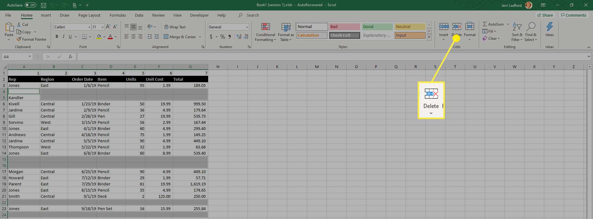 Microsoft Excel'deki Sil seçeneği.