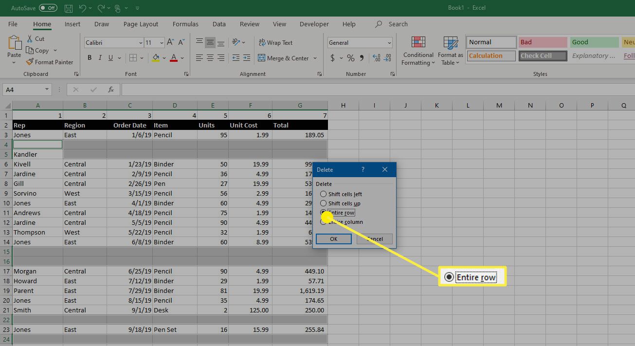 Microsoft Excel'deki Sil iletişim kutusundaki Tüm Satırlar seçeneği.