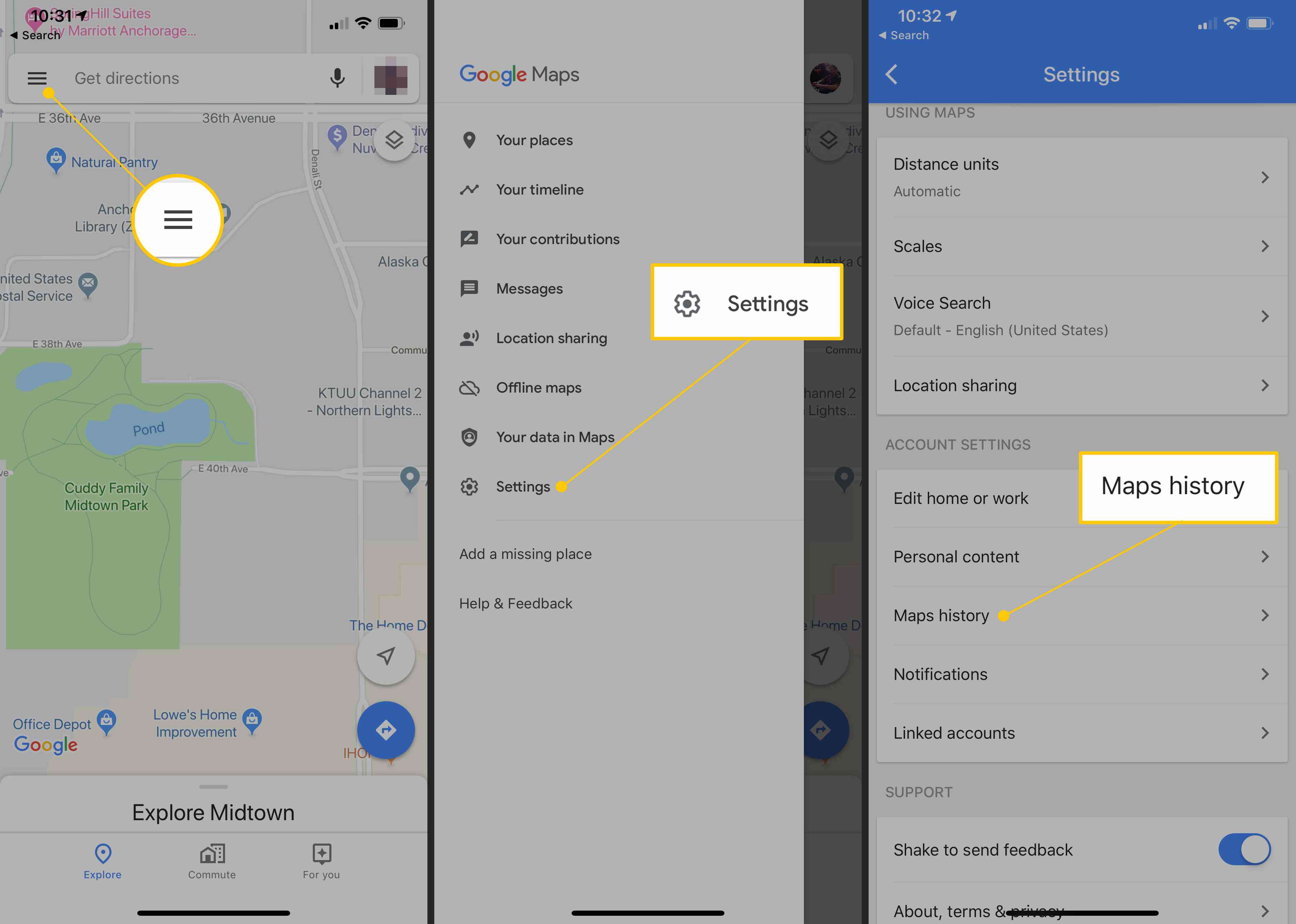 Меню, піктограма налаштувань, кнопка історії карт у iOS Google Maps