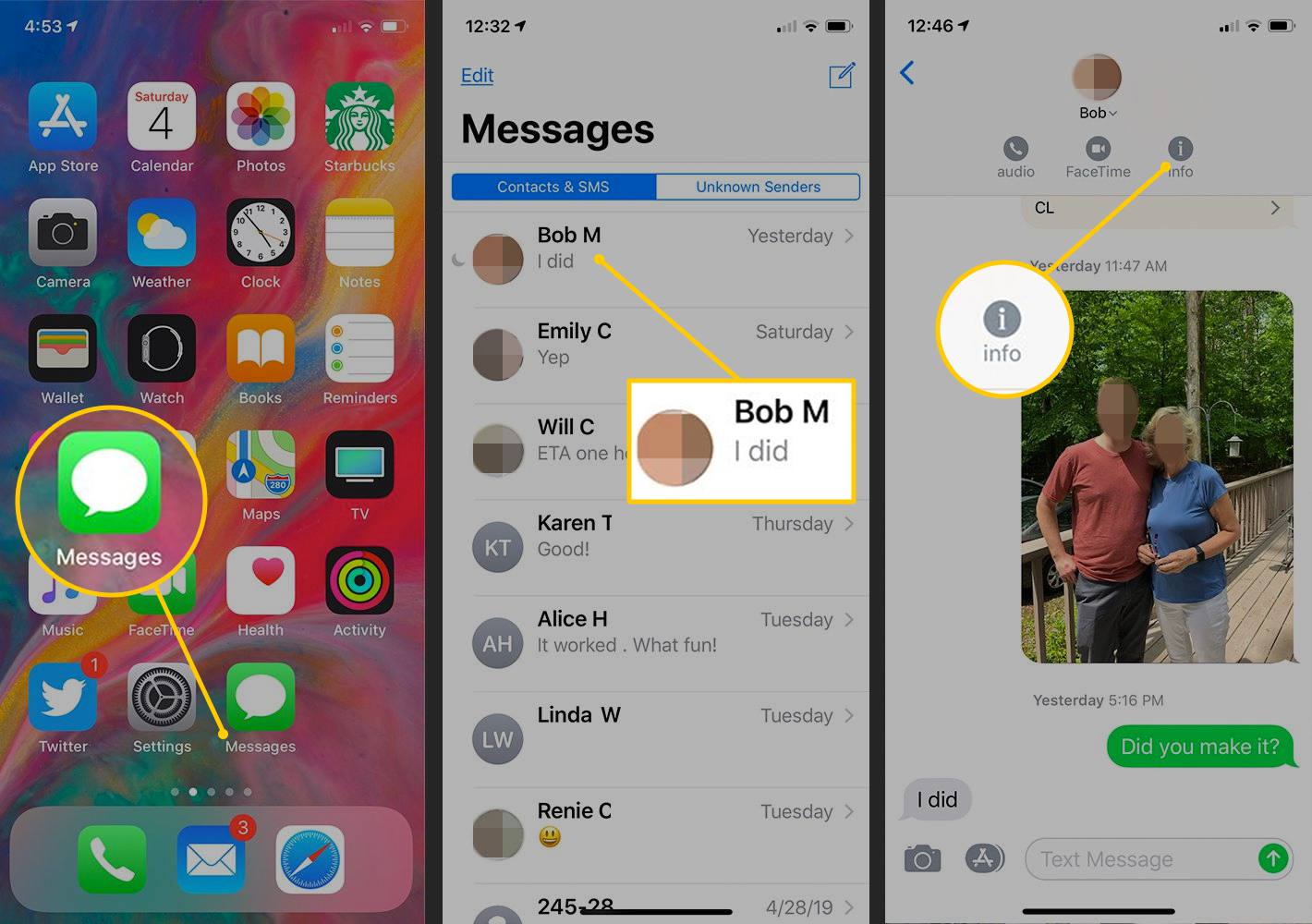 Кнопка Повідомлення, Контакт, Інформація на iOS