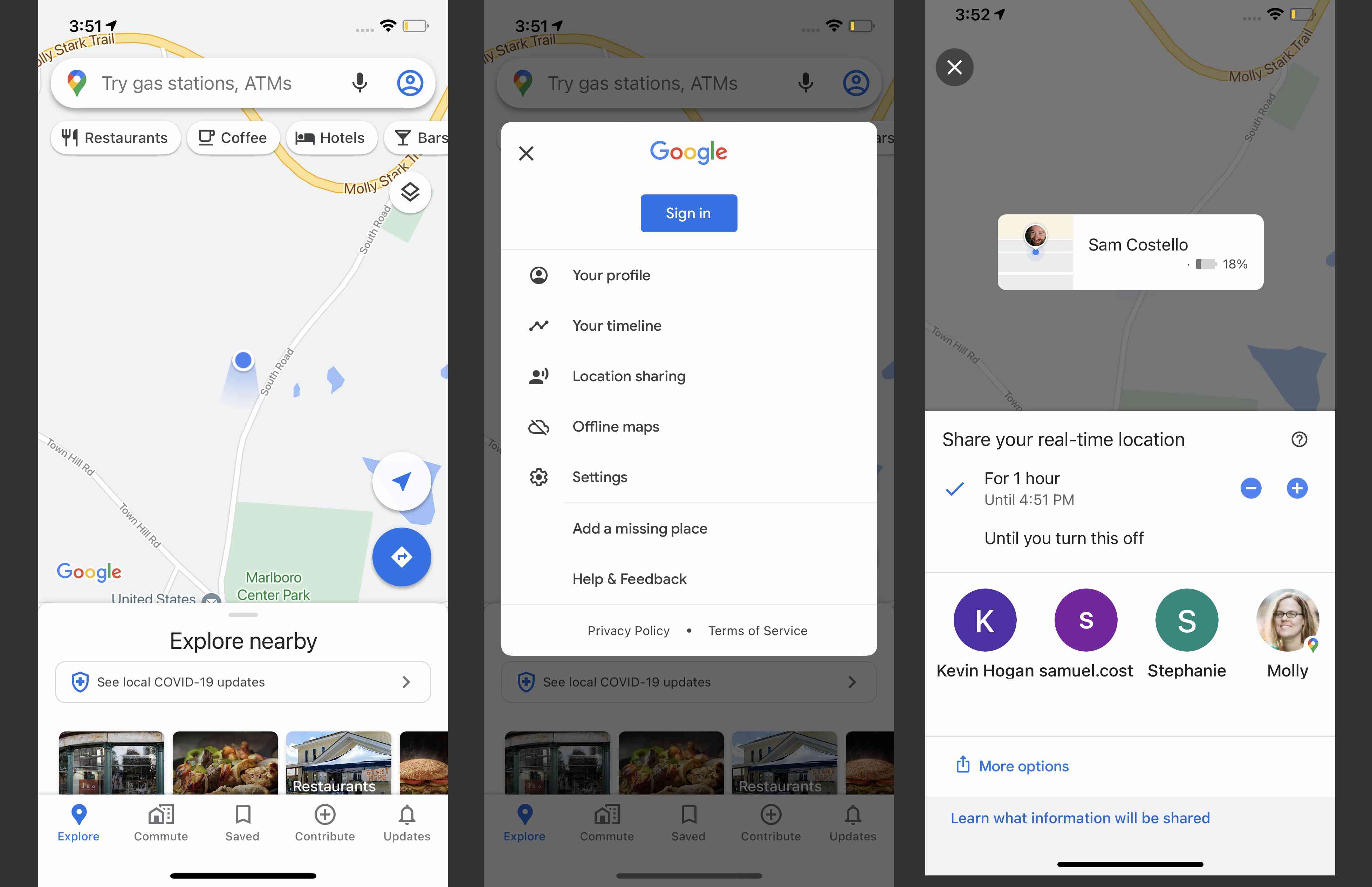 Знімки екрана спільного використання геоданих із Картами Google