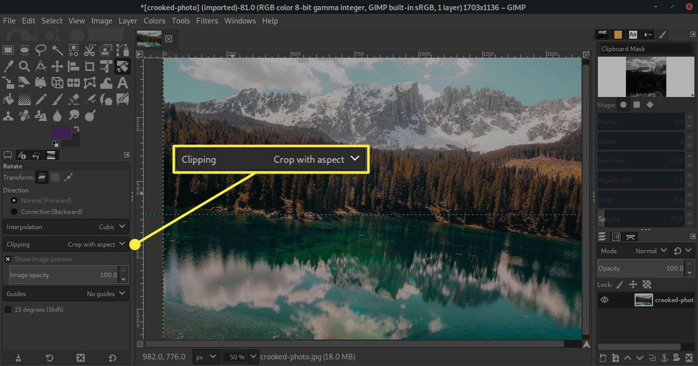 Знімок екрана GIMP із виділеними налаштуваннями відсікання