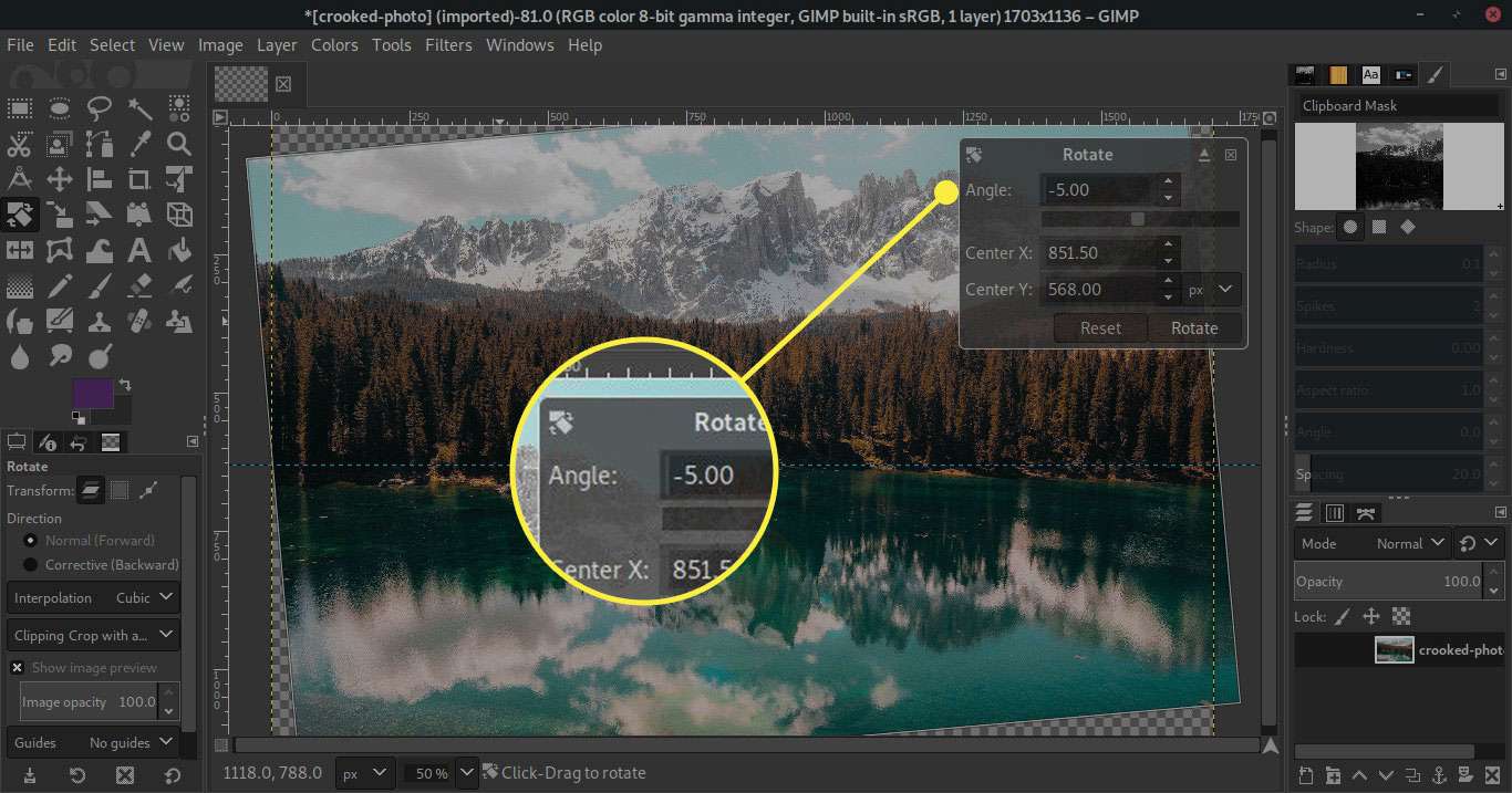Знімок екрана вікна Поворот у GIMP із виділеним полем Кут