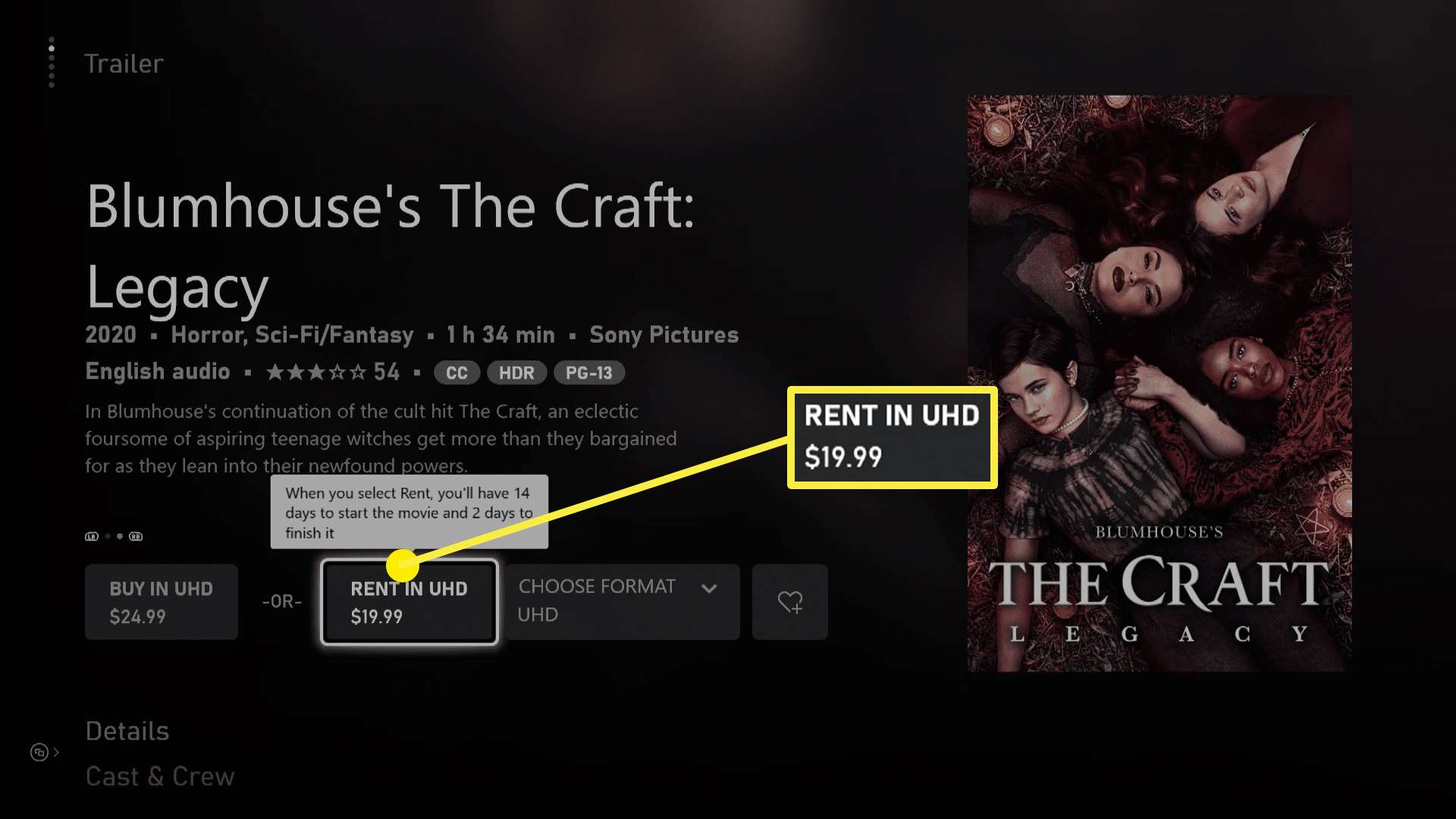 Знімок екрана сторінки покупки / прокату фільму в магазині Xbox Series X / S.