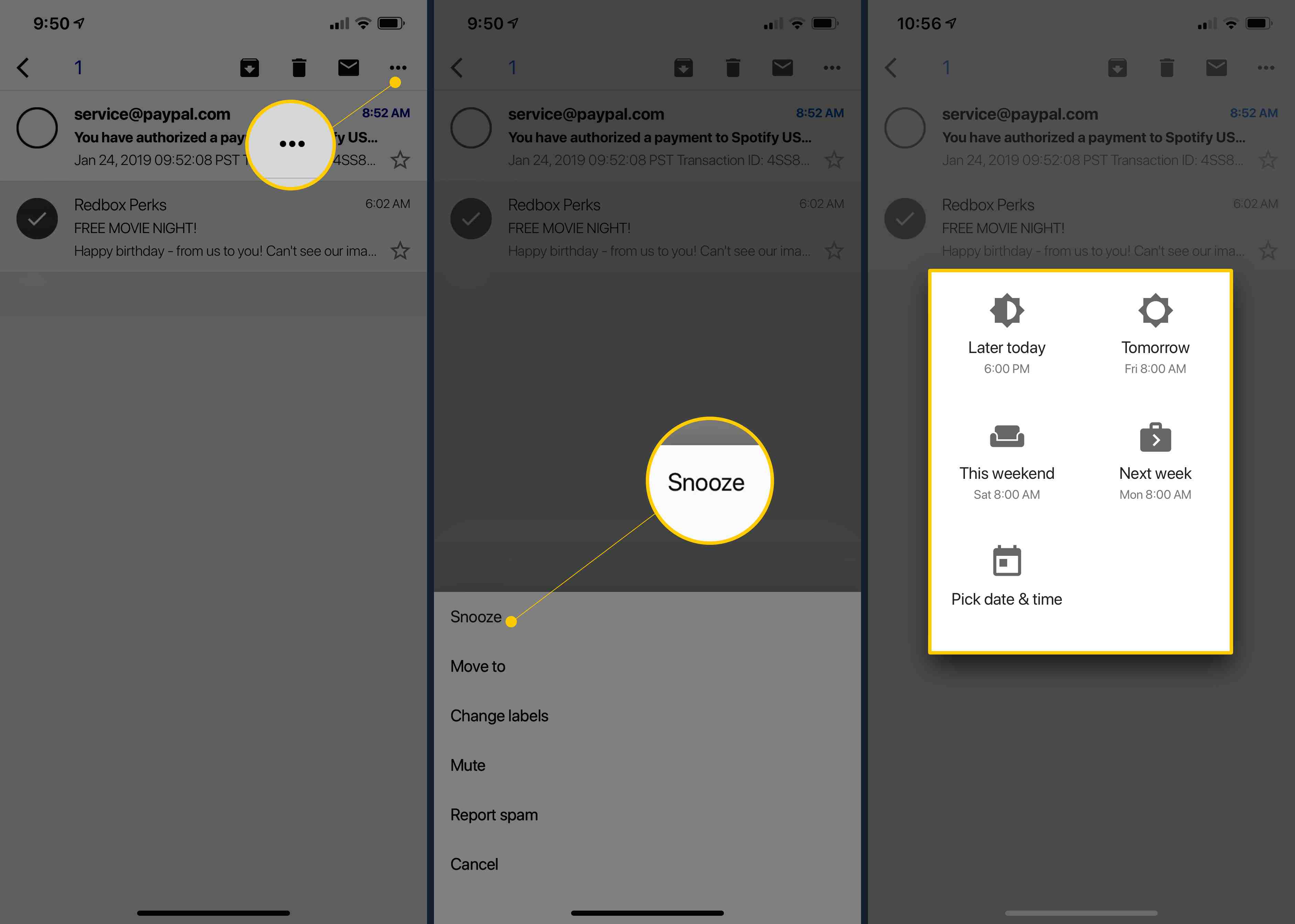Три екрани iOS, на яких відображається кнопка меню Gmail, кнопка відкладення та екран параметрів відкладення