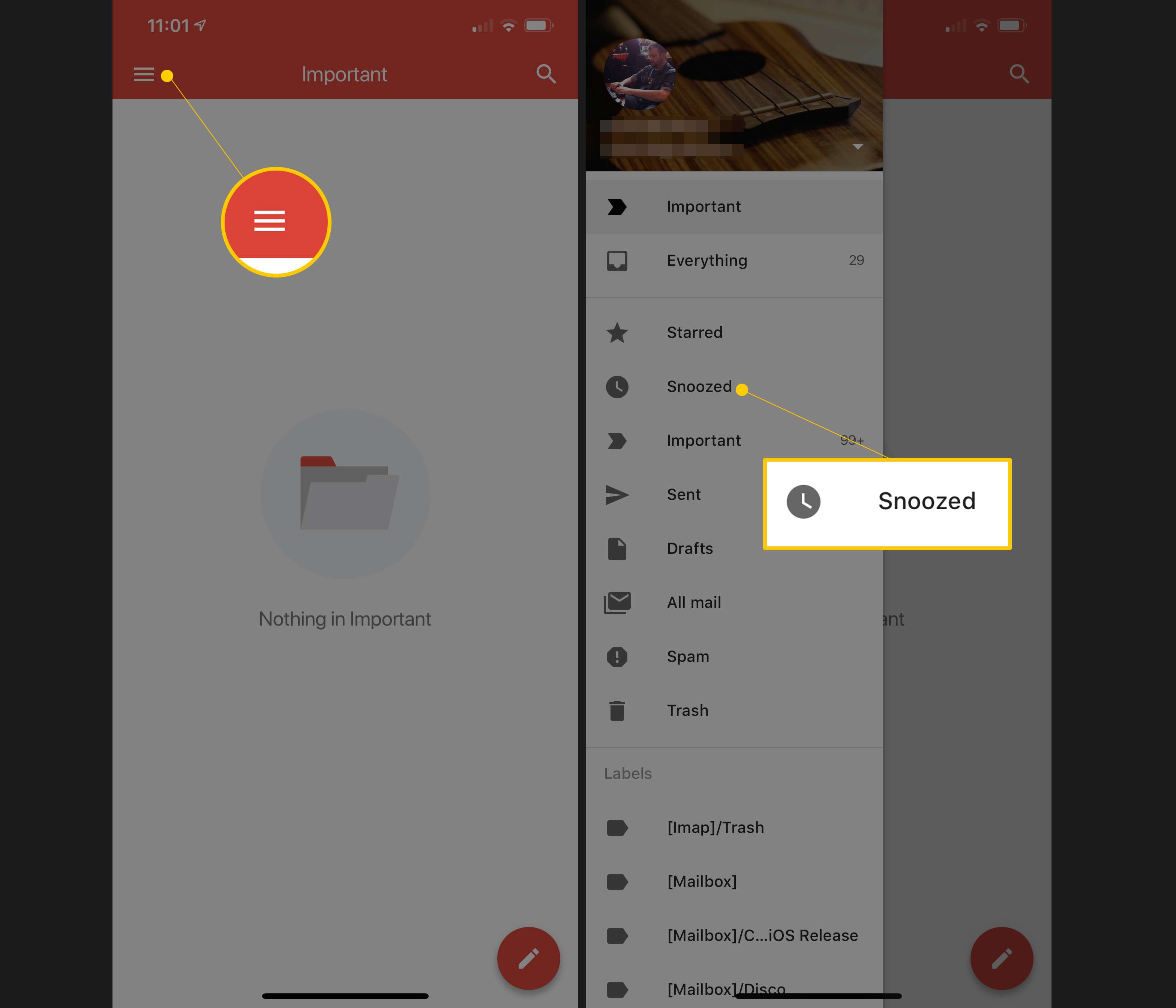 Два екрани iOS, що відображають кнопку меню Gmail і відкладену категорію