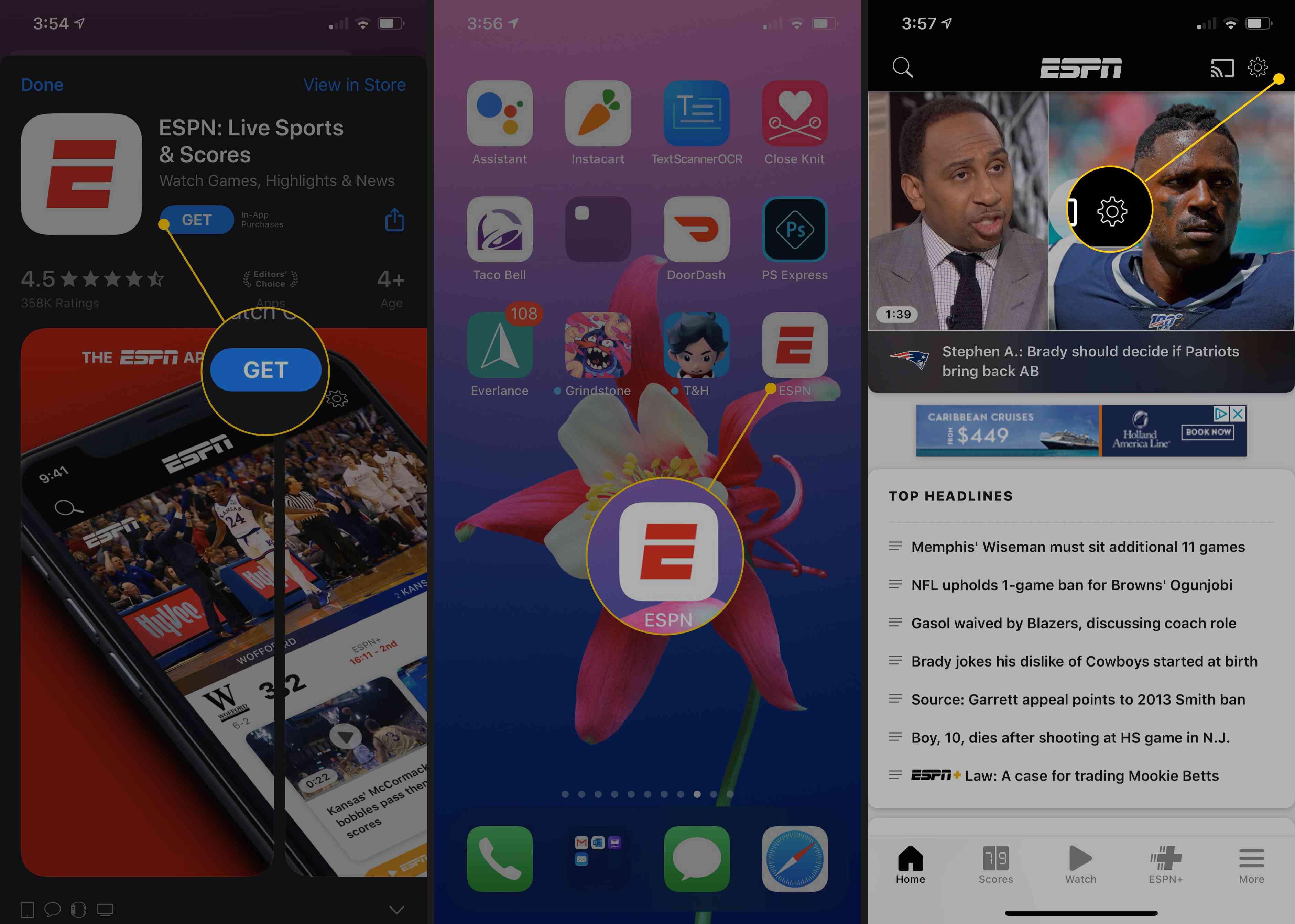ESPN: Live Sports & Scores в App Store, піктограма ESPN на головному екрані, піктограма Gear