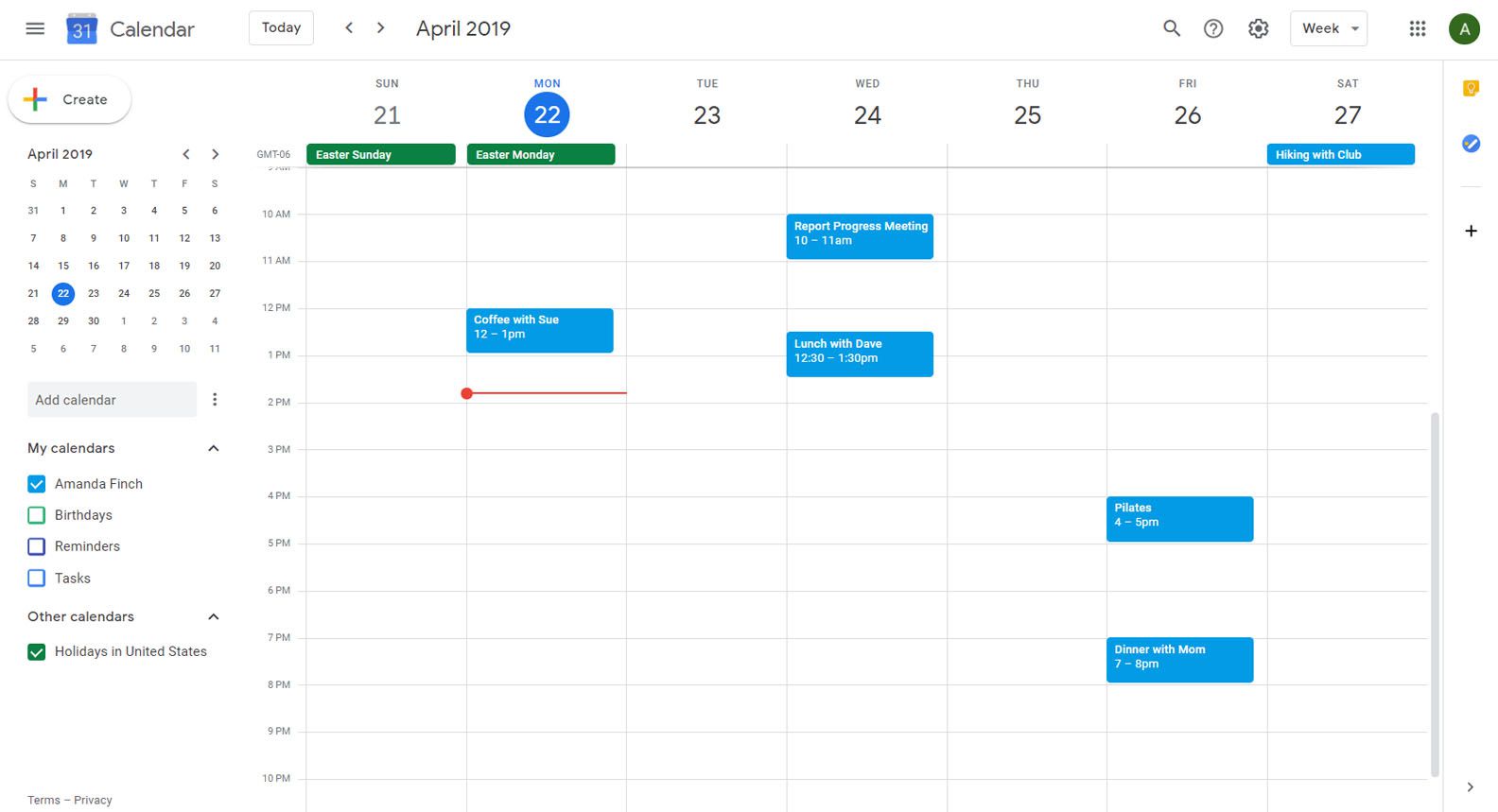 Календар Google, що відображає перегляд тижня та меню