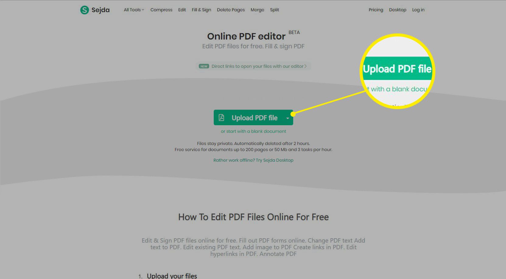 Домашня сторінка для онлайн-редактора PDF Sejda