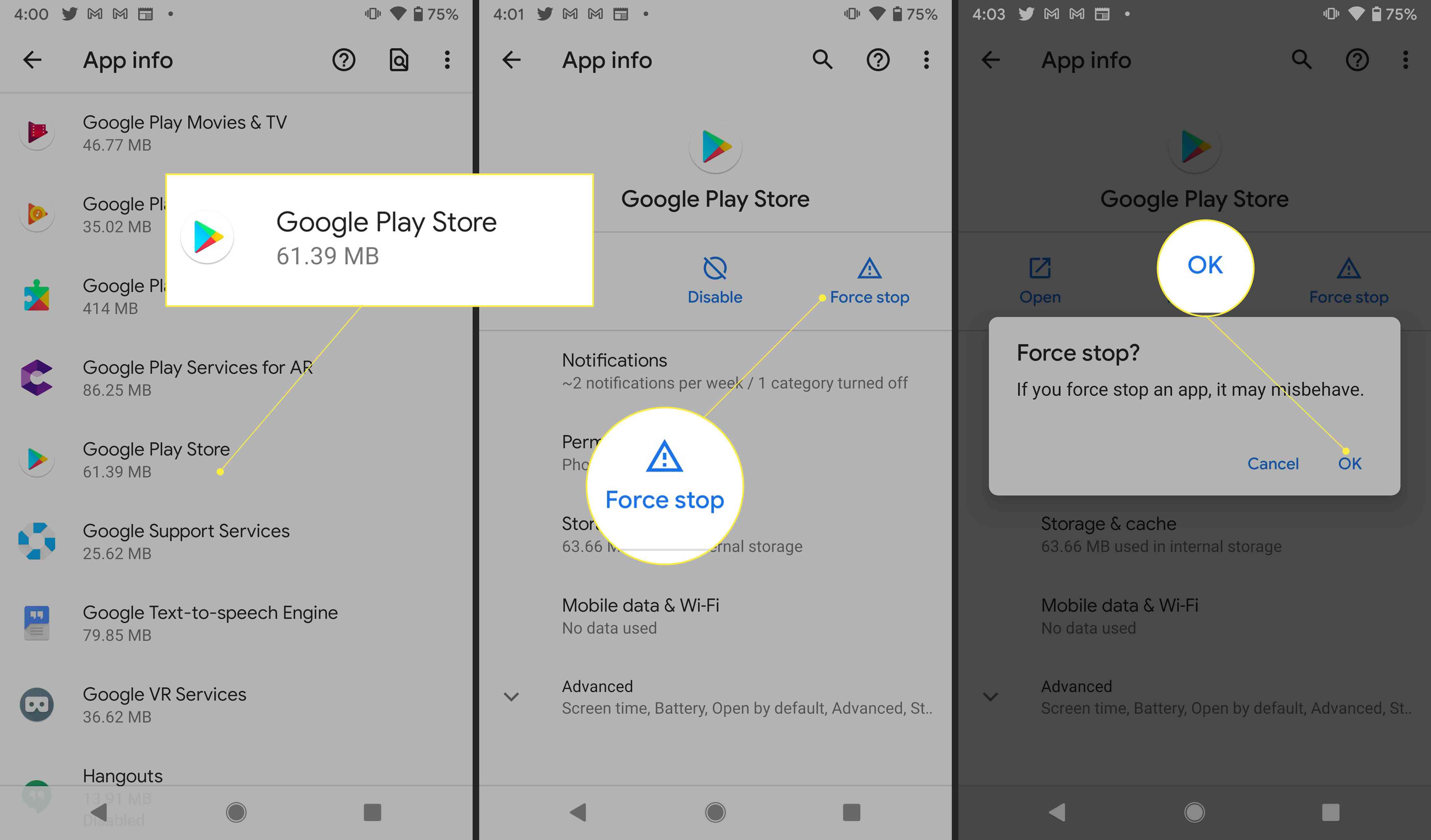 Налаштування Google Play із підсвічуванням Force Stop та Ok