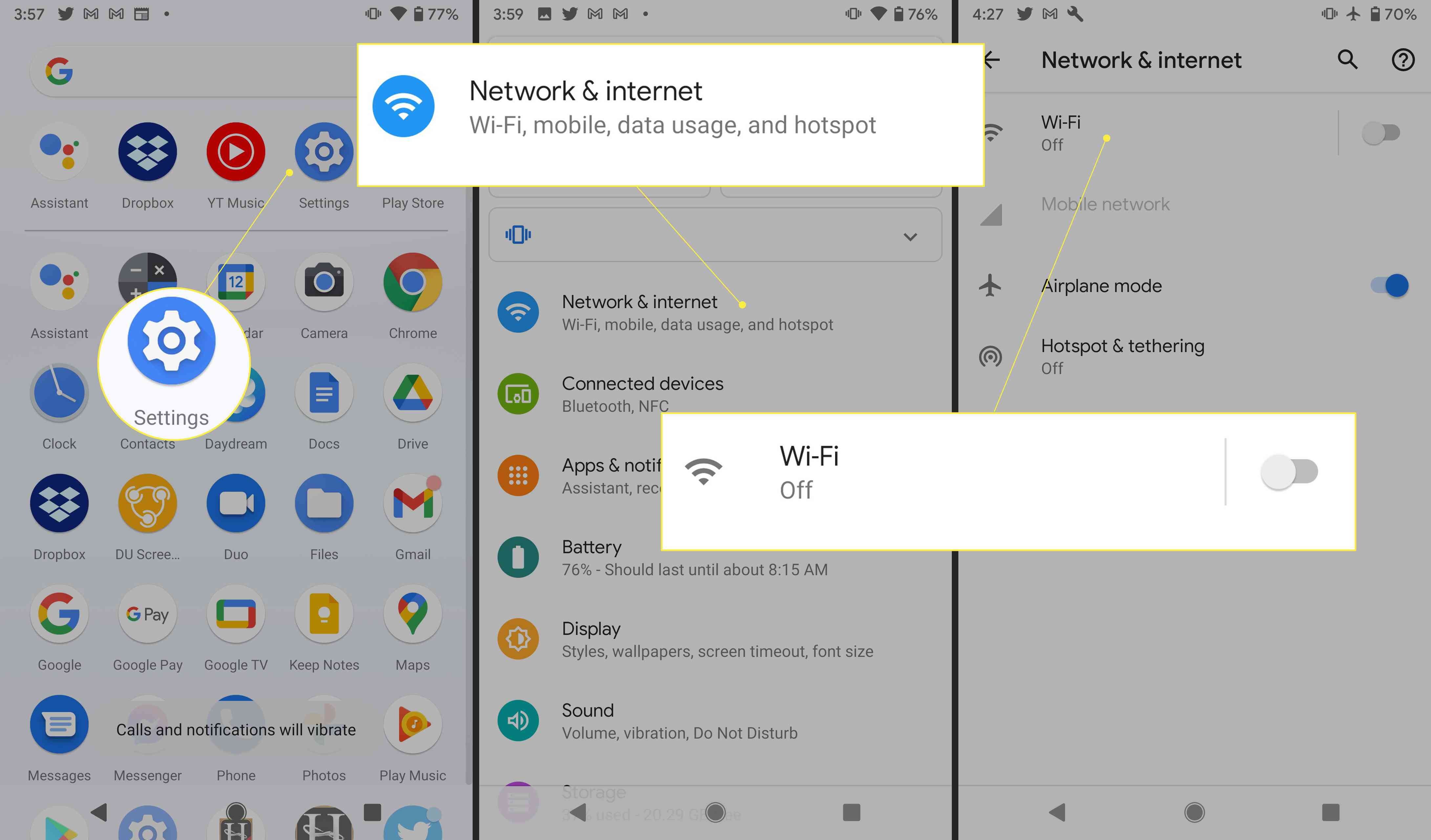 Налаштування Android із виділеним перемикачем "Мережа та Інтернет" та Wi-Fi