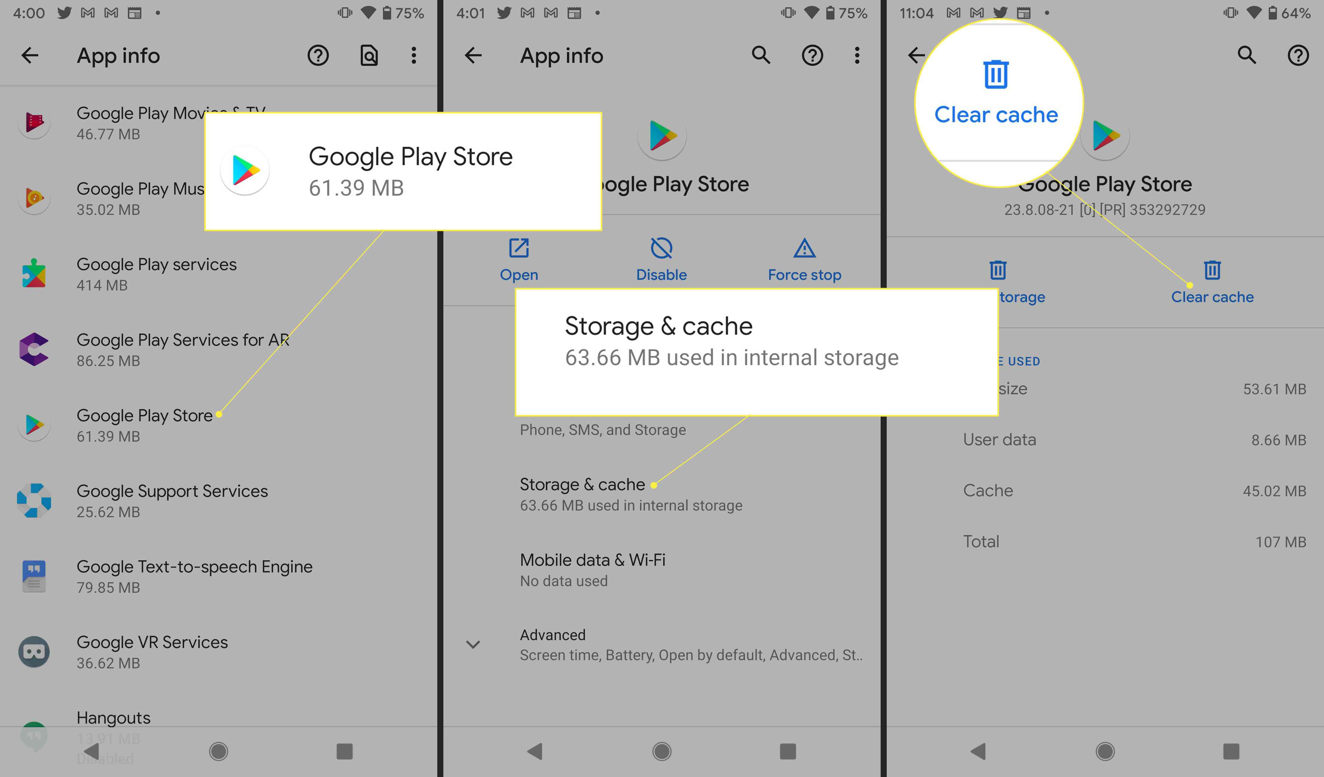 Налаштування Android із виділеними "Google Play Store", "Storage and Cache" та "Clear Cache"