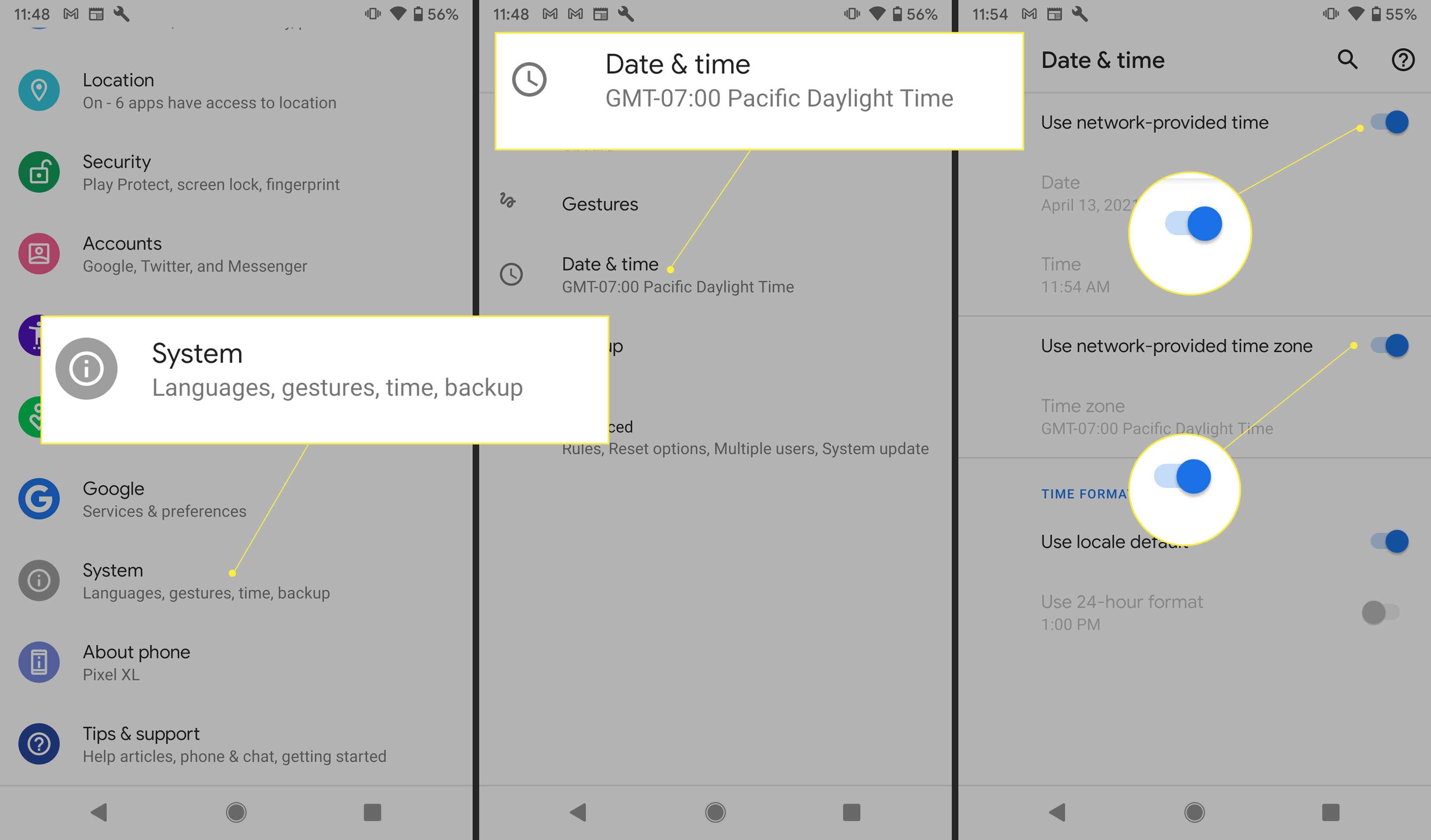 Налаштування Android із виділеними перемикачем "Система", "Дата та час" та мережевим часом