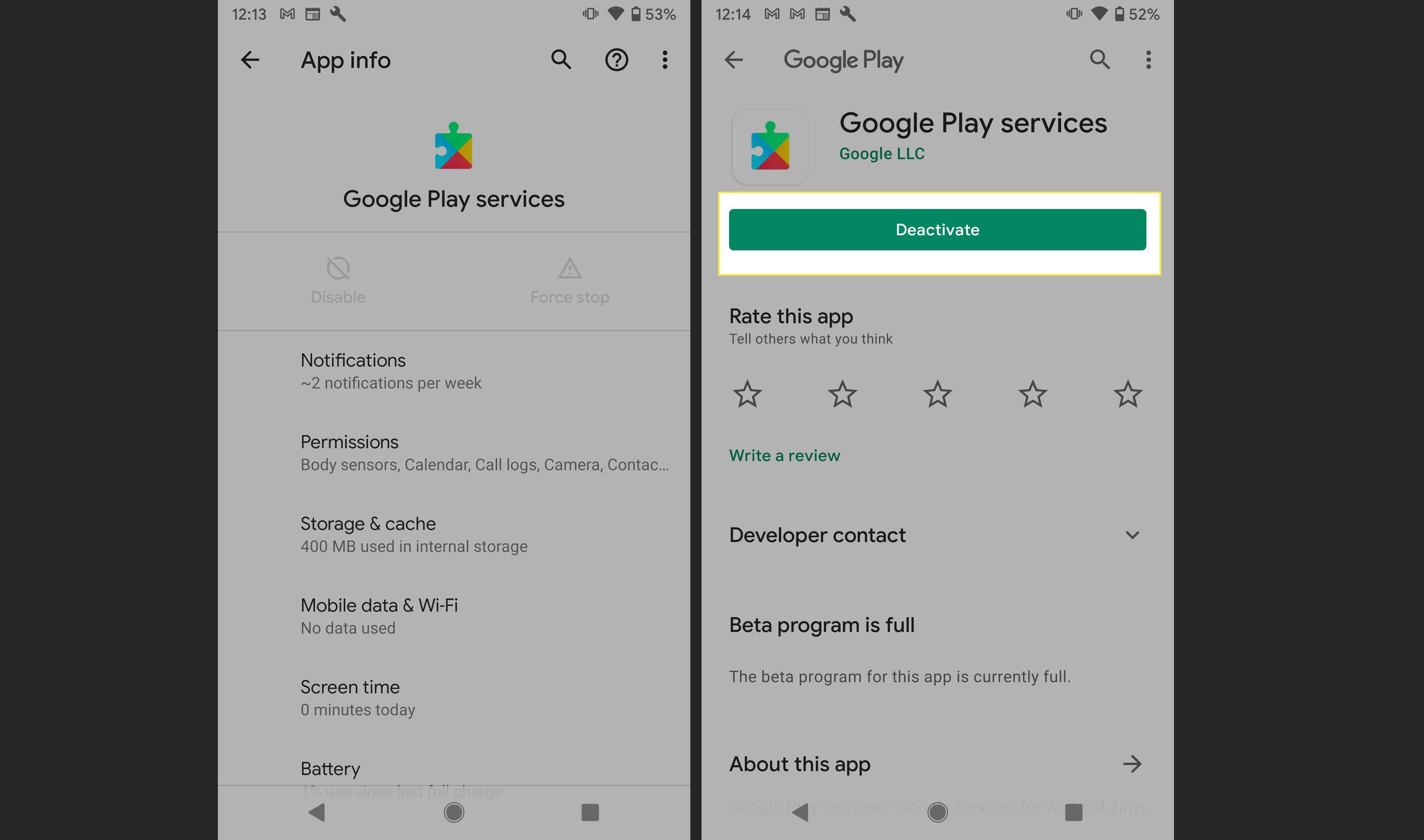 Додаток Служби Google Play на Android з підсвічуванням Деактивувати