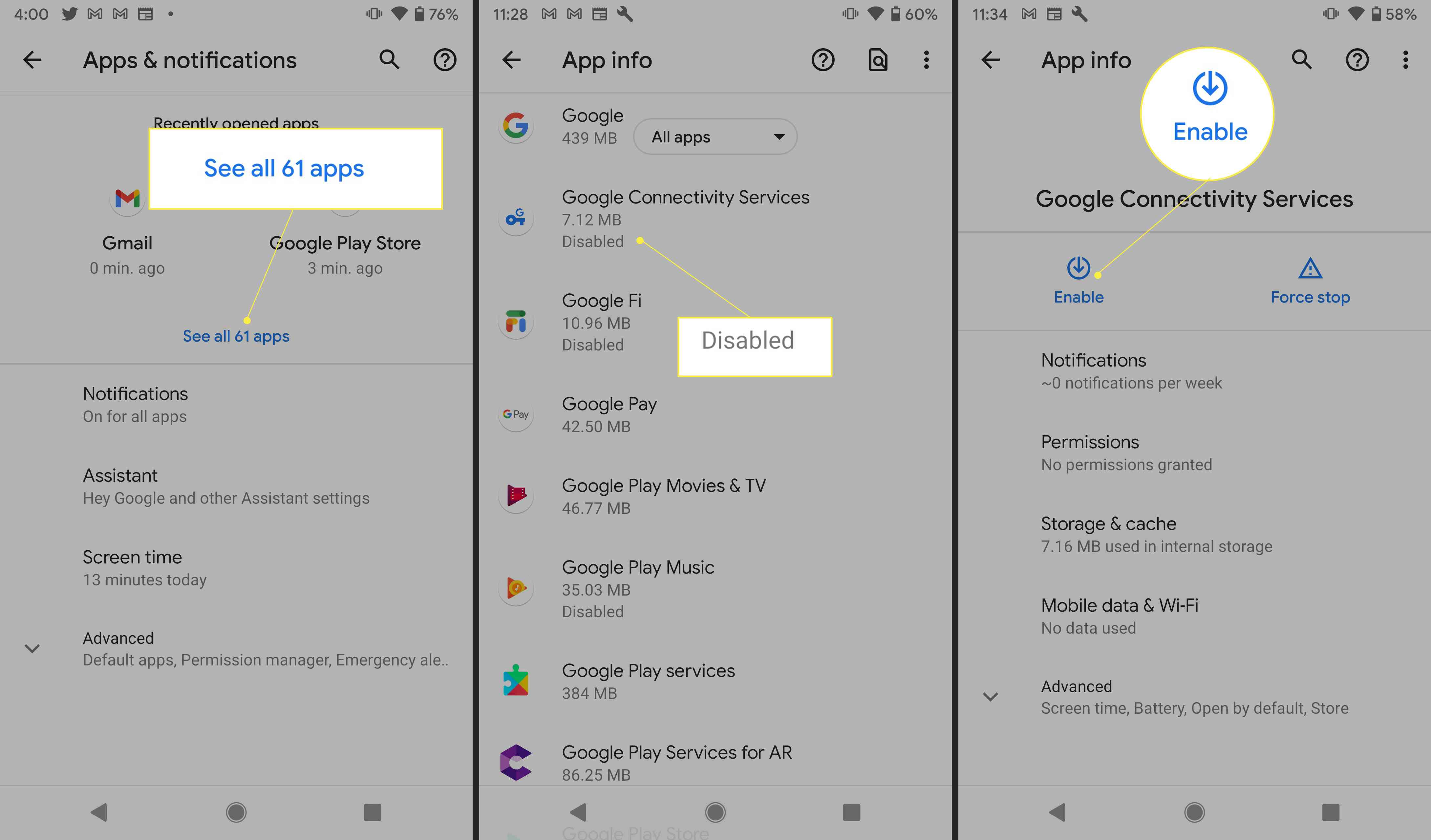 Налаштування Android із виділеними опціями "Переглянути всі програми", "Вимкнено" та "Увімкнути"