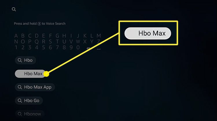 HBO Max у результатах пошуку на Amazon Firestick. 