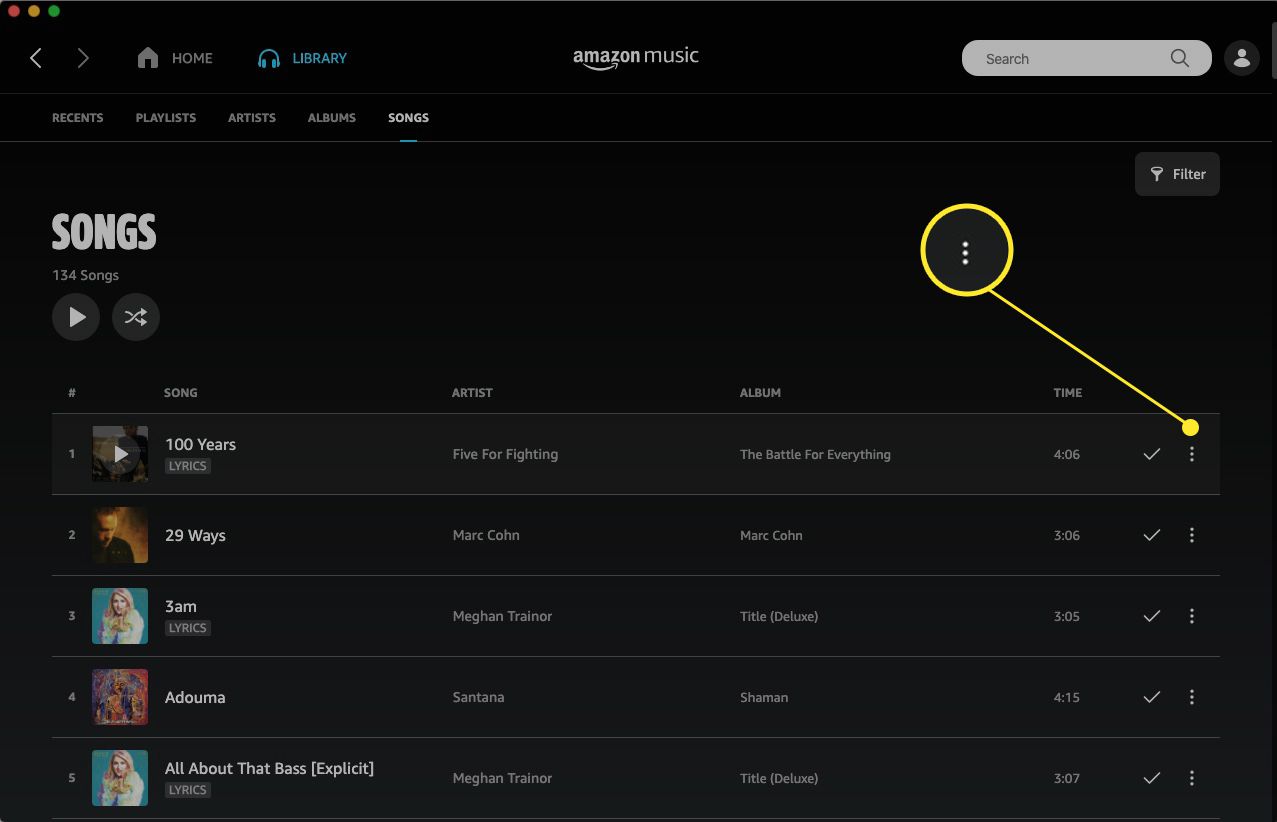 Веб-додаток Amazon Music із виділеними додатковими параметрами (три крапки)