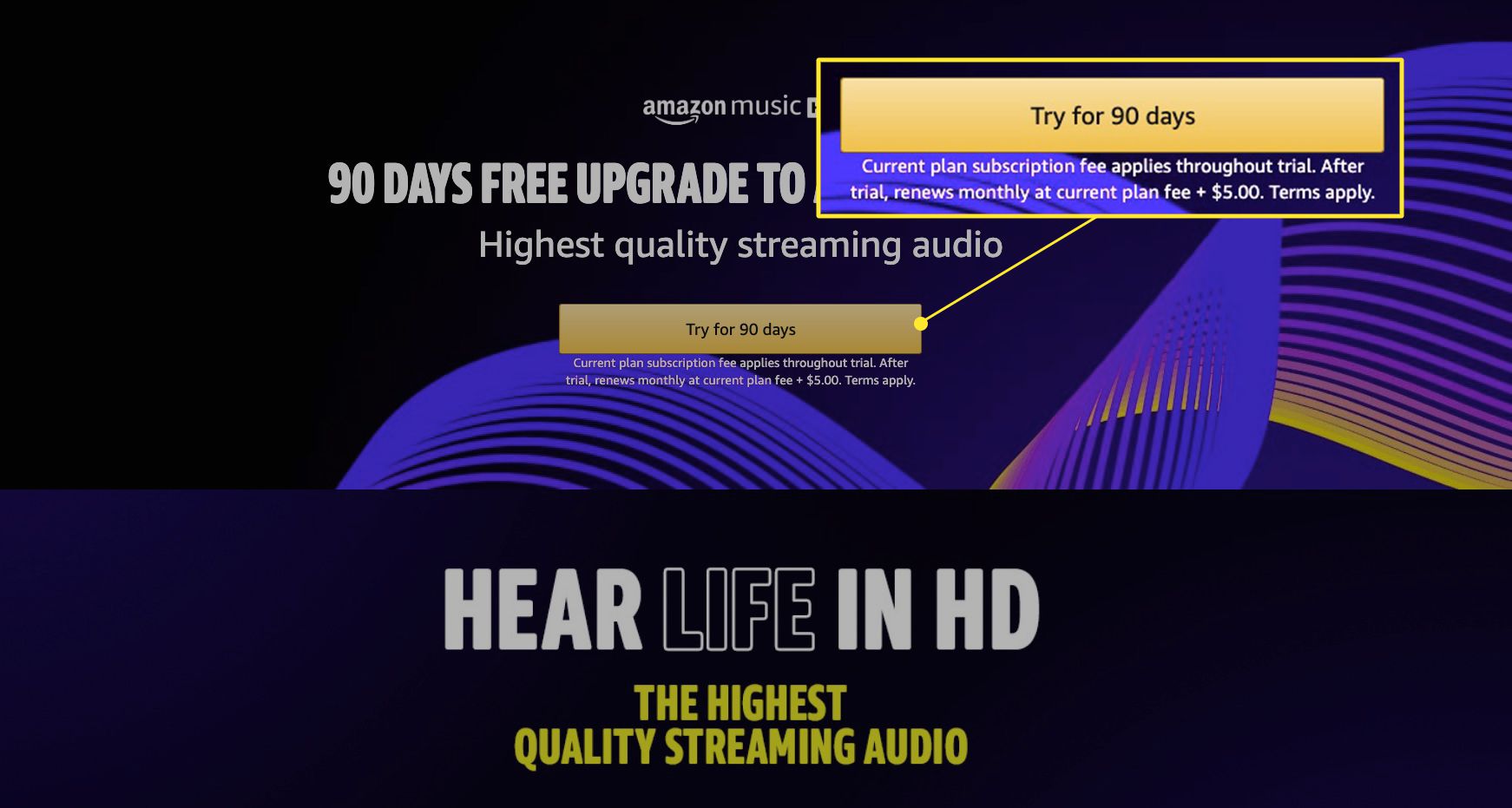 Сторінка Amazon Music HD із підсвічуванням "Спробуйте протягом 90 днів"