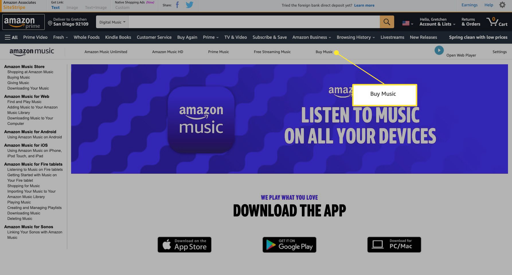 Веб-сторінка Amazon Music з підсвічуванням 