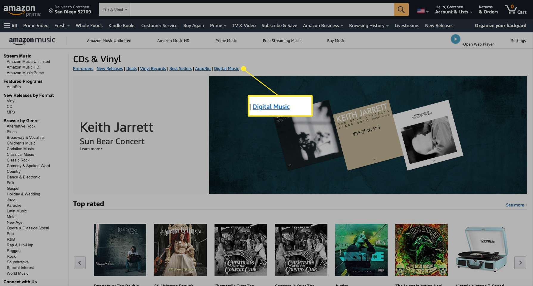 Веб-сайт Amazon Music із виділеною Digital Music