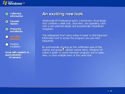 Знімок екрана процесів встановлення Windows XP